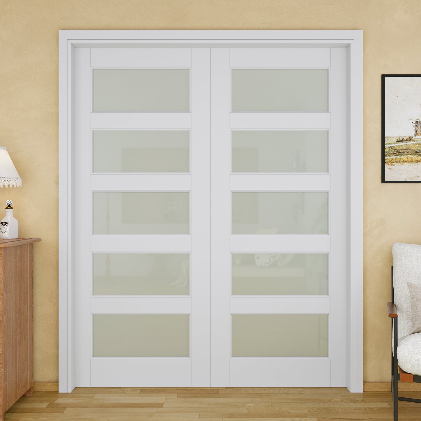 JUJUBON Soft-Close Sliding Pocket Doors, 5 Panel Tempered Frosted Glass Door Slab with Hardware Kit&Pocket Door Frame, Interior Sliding Doors for 2x4 Stud, Pre-Finished&Paintable