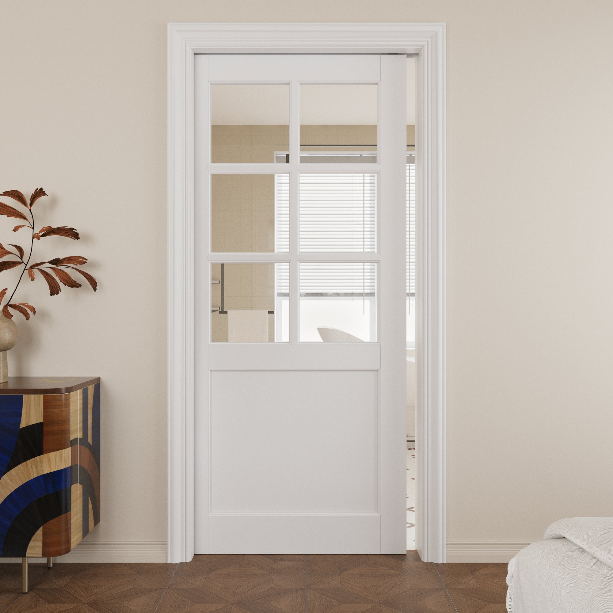 JUJUBON Soft-Close Sliding Pocket Doors, 6-Lite Tempered Clear Glass Door Slab with Hardware Kit&Pocket Door Frame, Interior Sliding Doors for 2x4 Stud, Pre-Finished&Paintable