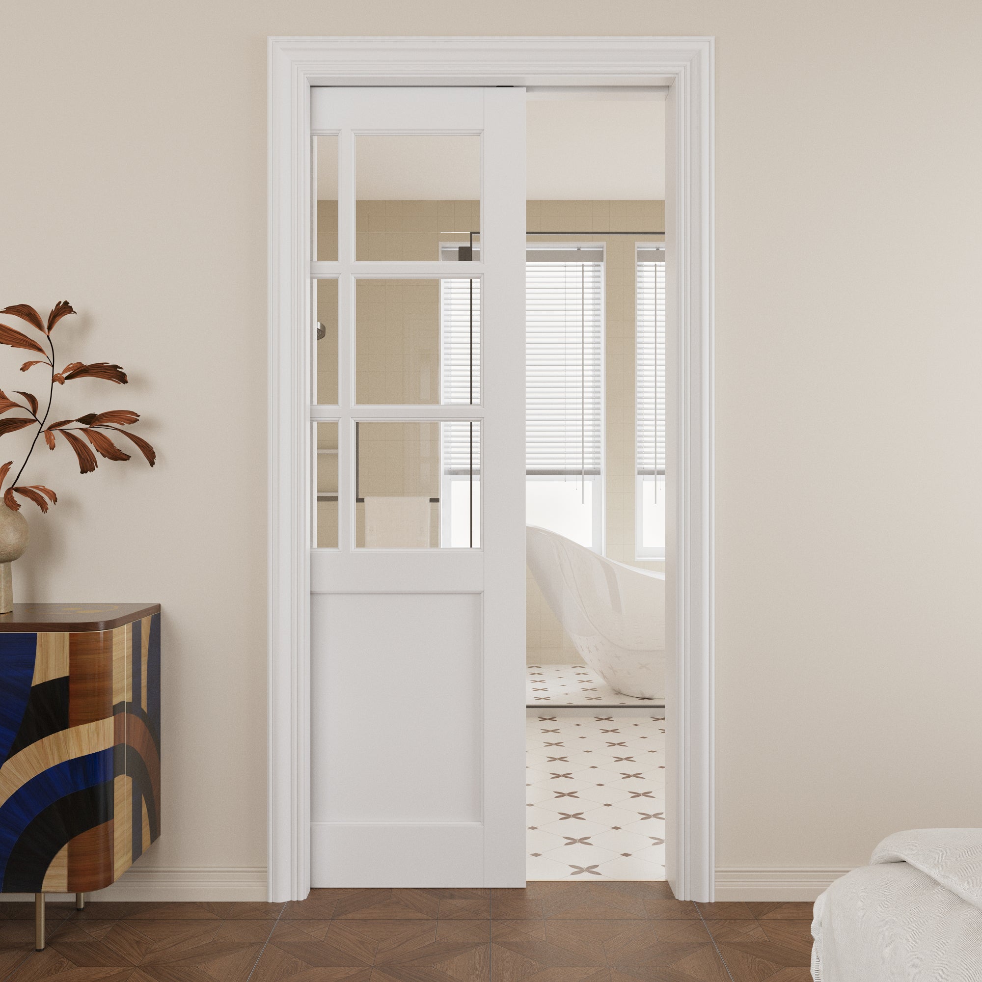 JUJUBON Soft-Close Sliding Pocket Doors, 6-Lite Tempered Clear Glass Door Slab with Hardware Kit&Pocket Door Frame, Interior Sliding Doors for 2x4 Stud, Pre-Finished&Paintable