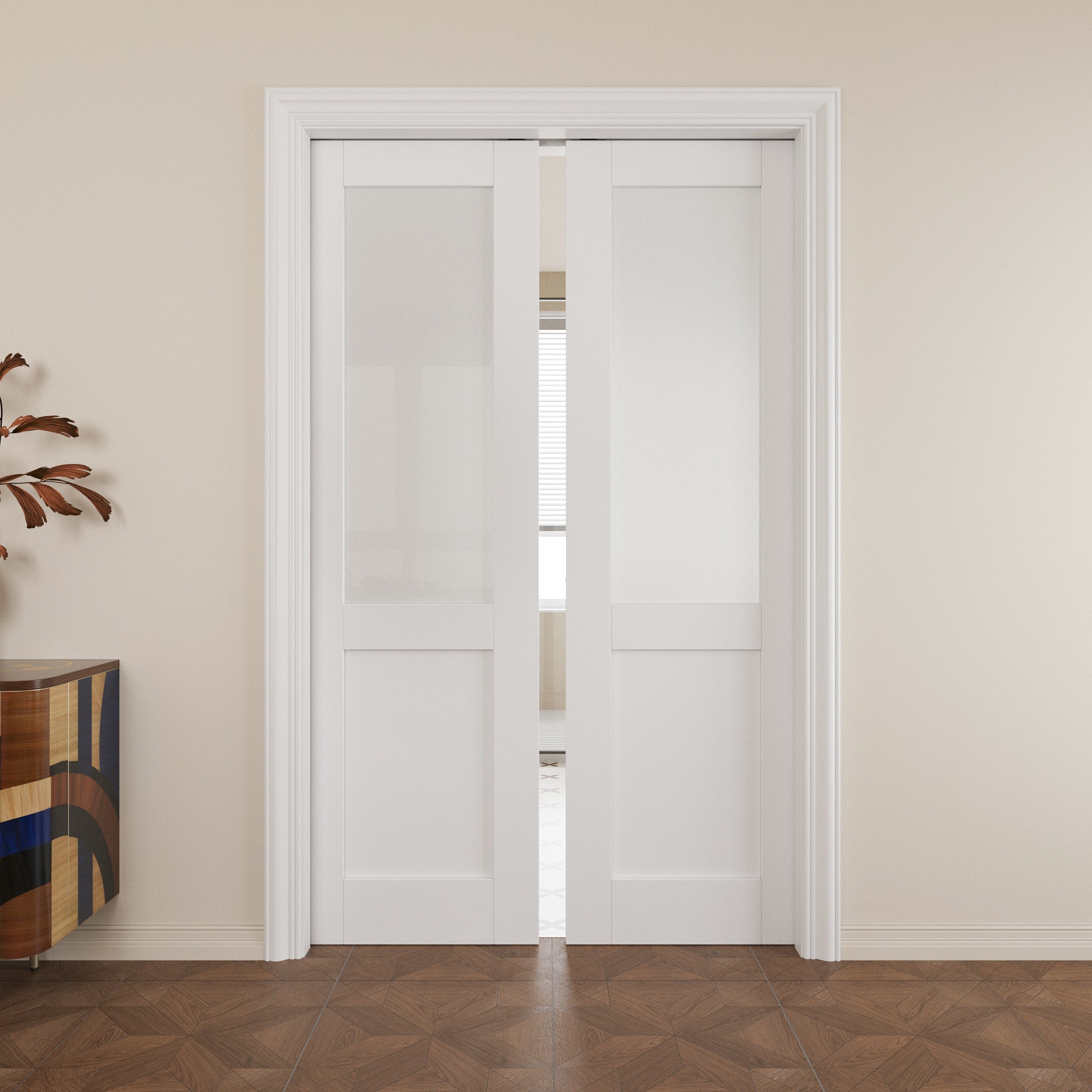 JUJUBON Soft-Close Sliding Pocket Doors, Half Tempered Frosted Glass Door Slab with Hardware Kit&Pocket Door Frame, Interior Sliding Doors for 2x4 Stud, Pre-Finished&Paintable
