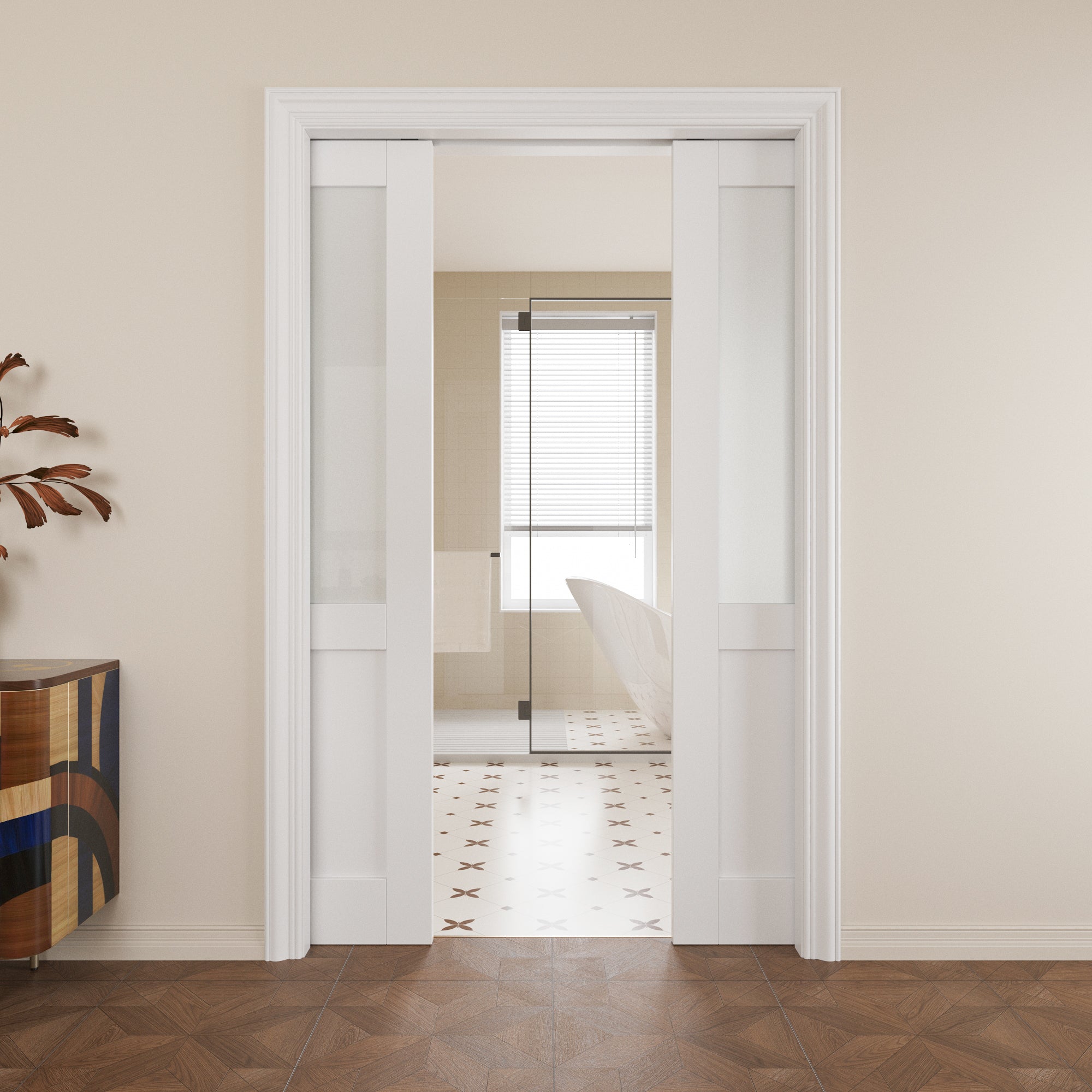 JUJUBON Soft-Close Sliding Pocket Doors, Half Tempered Frosted Glass Door Slab with Hardware Kit&Pocket Door Frame, Interior Sliding Doors for 2x4 Stud, Pre-Finished&Paintable