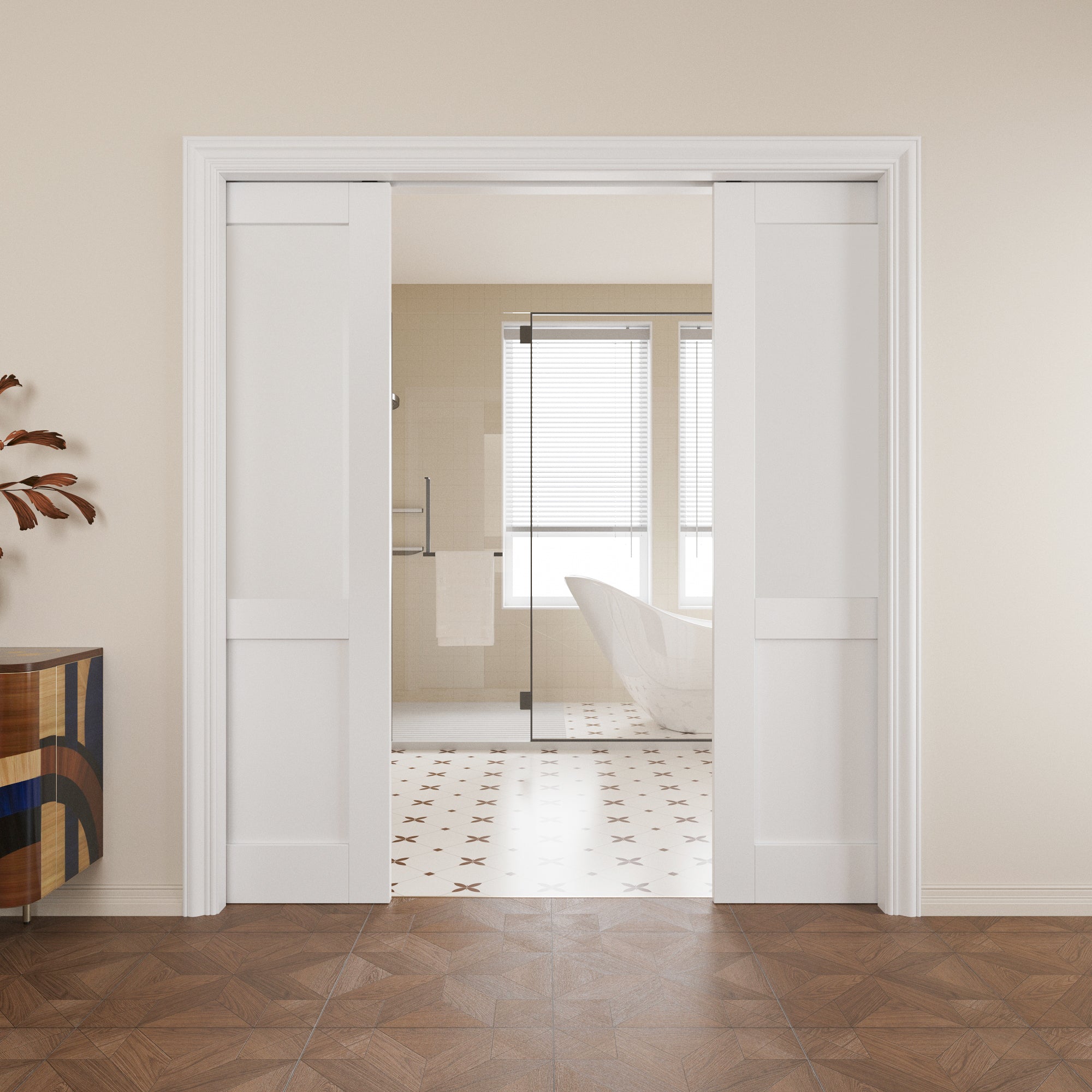 JUJUBON Soft-Close Sliding Pocket Doors, Half Tempered Frosted Glass Door Slab with Hardware Kit&Pocket Door Frame, Interior Sliding Doors for 2x4 Stud, Pre-Finished&Paintable