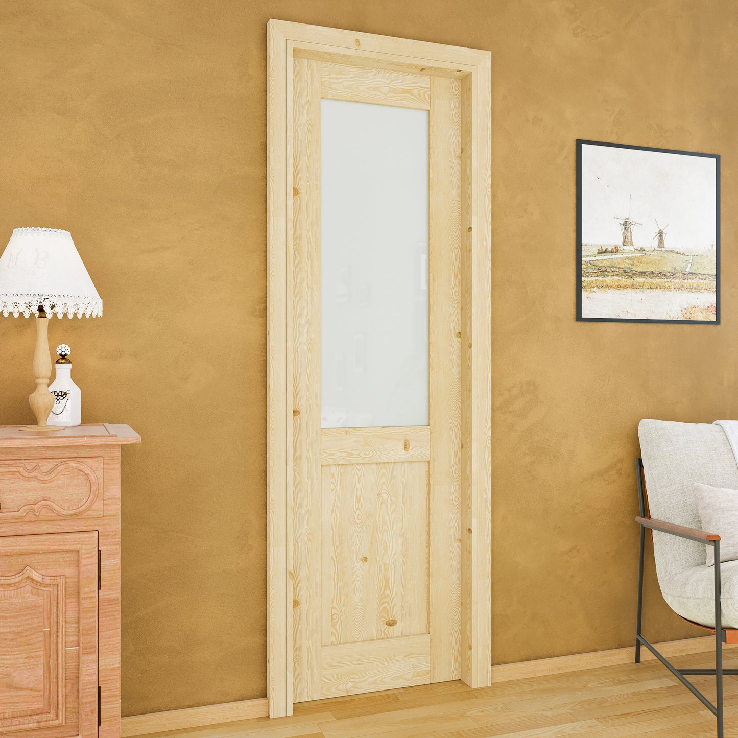 JUJUBON Soft-Close Sliding Pocket Doors, Half Tempered Frosted Glass&Pine Wood Door Slab with Hardware Kit&Pocket Door Frame, Interior Sliding Doors for 2x4 Stud, Unfinished