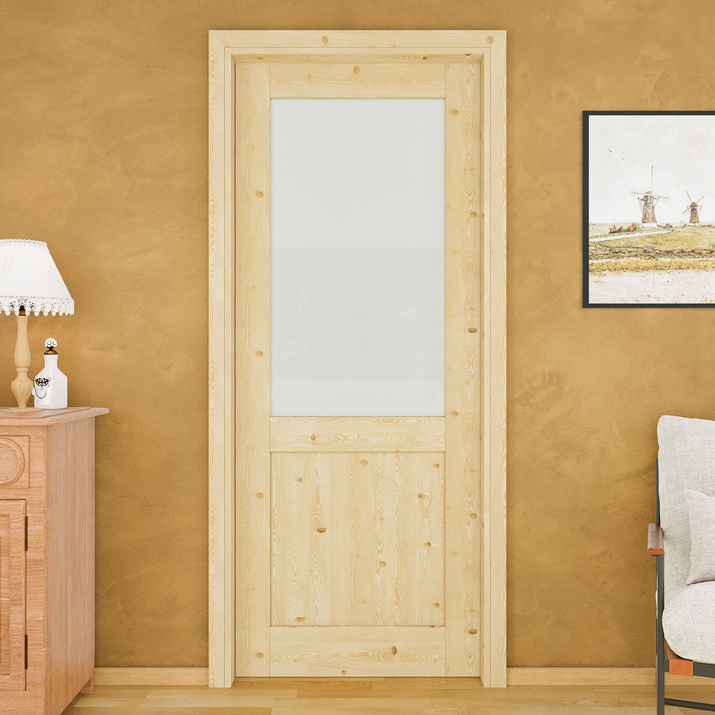 JUJUBON Soft-Close Sliding Pocket Doors, Half Tempered Frosted Glass&Pine Wood Door Slab with Hardware Kit&Pocket Door Frame, Interior Sliding Doors for 2x4 Stud, Unfinished