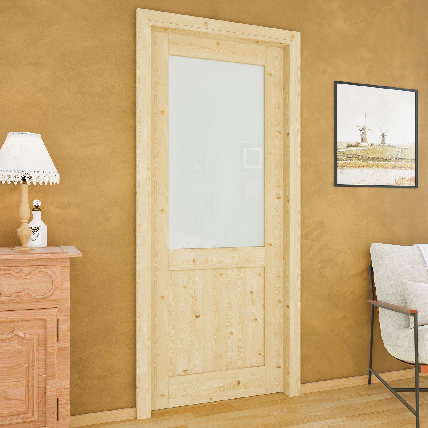 JUJUBON Soft-Close Sliding Pocket Doors, Half Tempered Frosted Glass&Pine Wood Door Slab with Hardware Kit&Pocket Door Frame, Interior Sliding Doors for 2x4 Stud, Unfinished