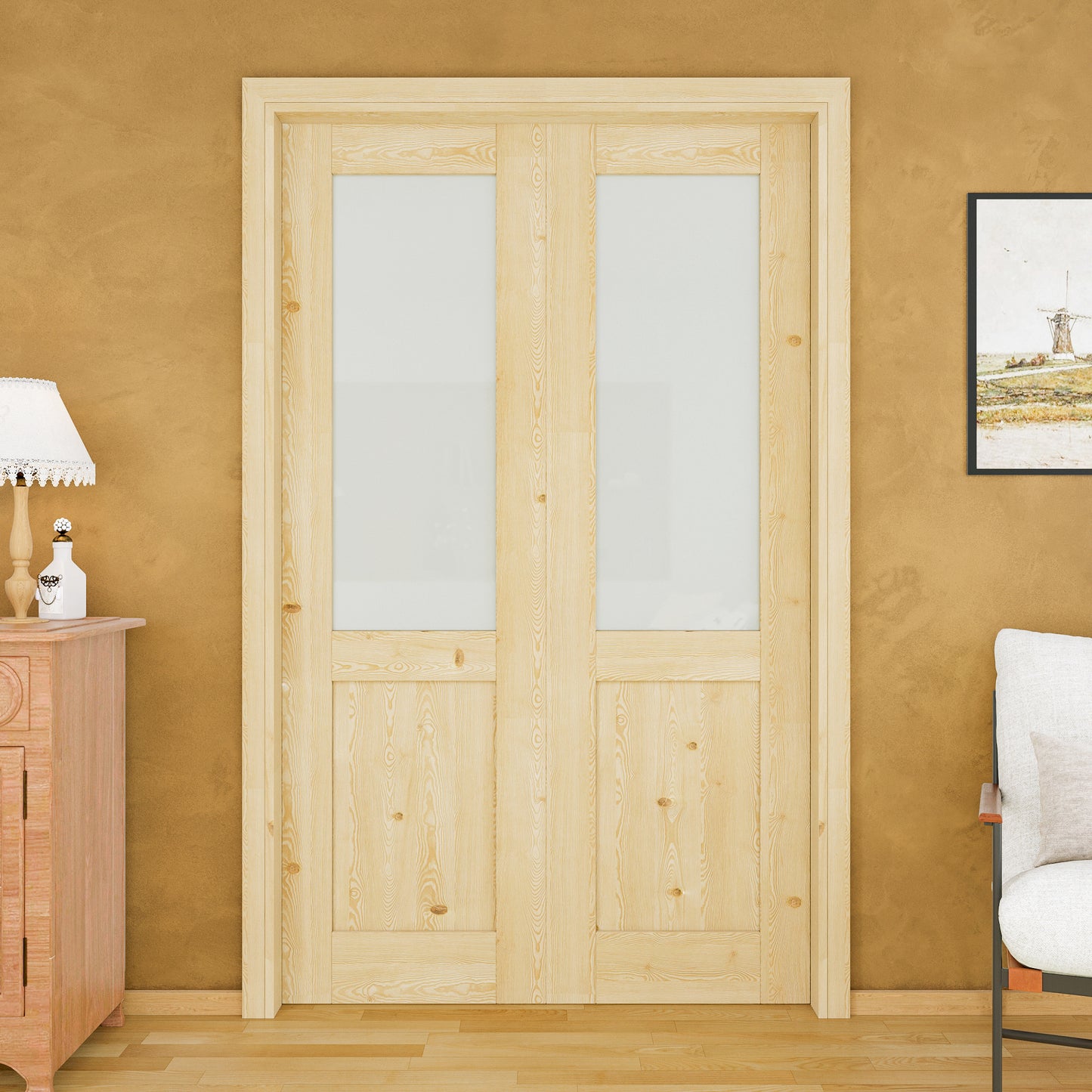 JUJUBON Soft-Close Sliding Pocket Doors, Half Tempered Frosted Glass&Pine Wood Door Slab with Hardware Kit&Pocket Door Frame, Interior Sliding Doors for 2x4 Stud, Unfinished