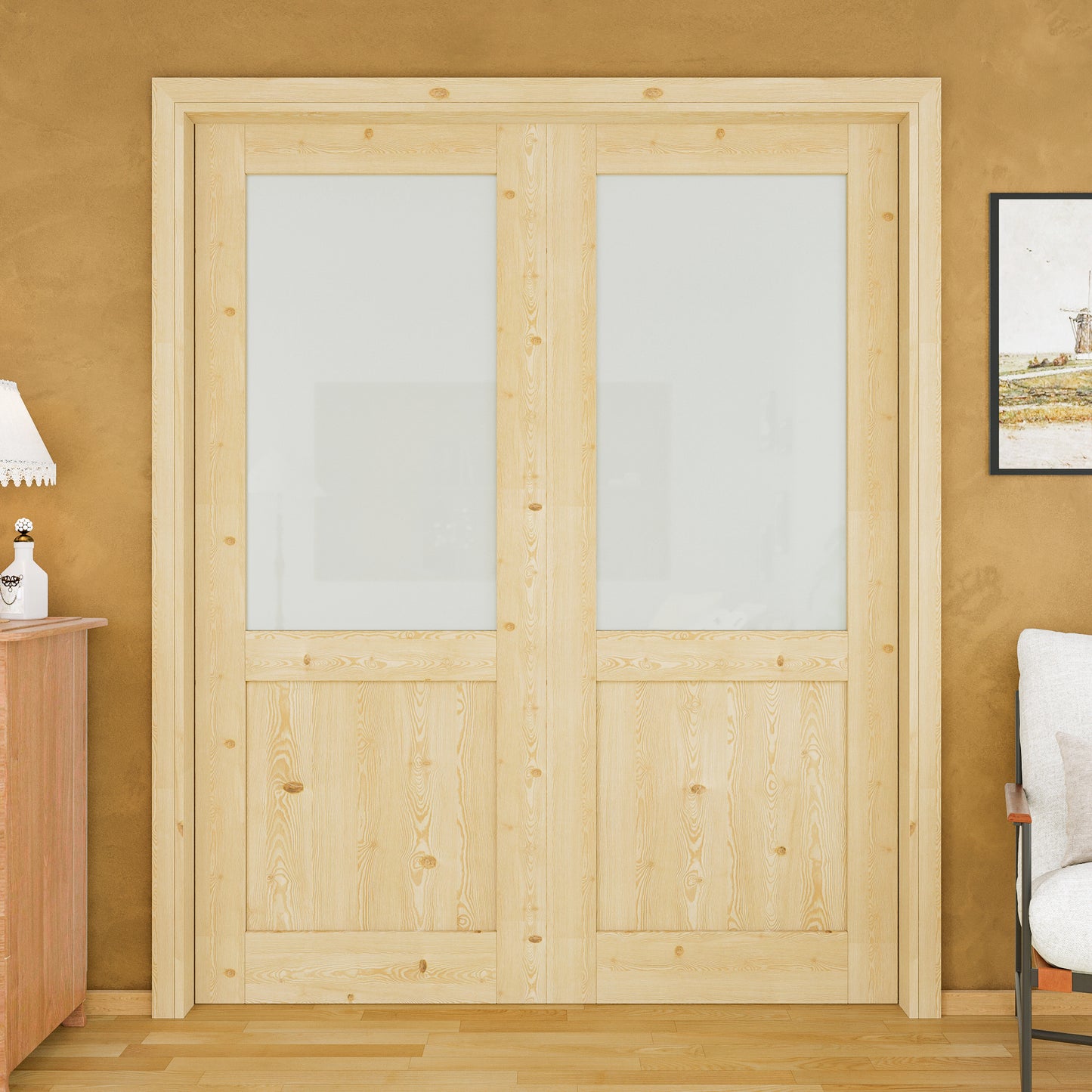 JUJUBON Soft-Close Sliding Pocket Doors, Half Tempered Frosted Glass&Pine Wood Door Slab with Hardware Kit&Pocket Door Frame, Interior Sliding Doors for 2x4 Stud, Unfinished