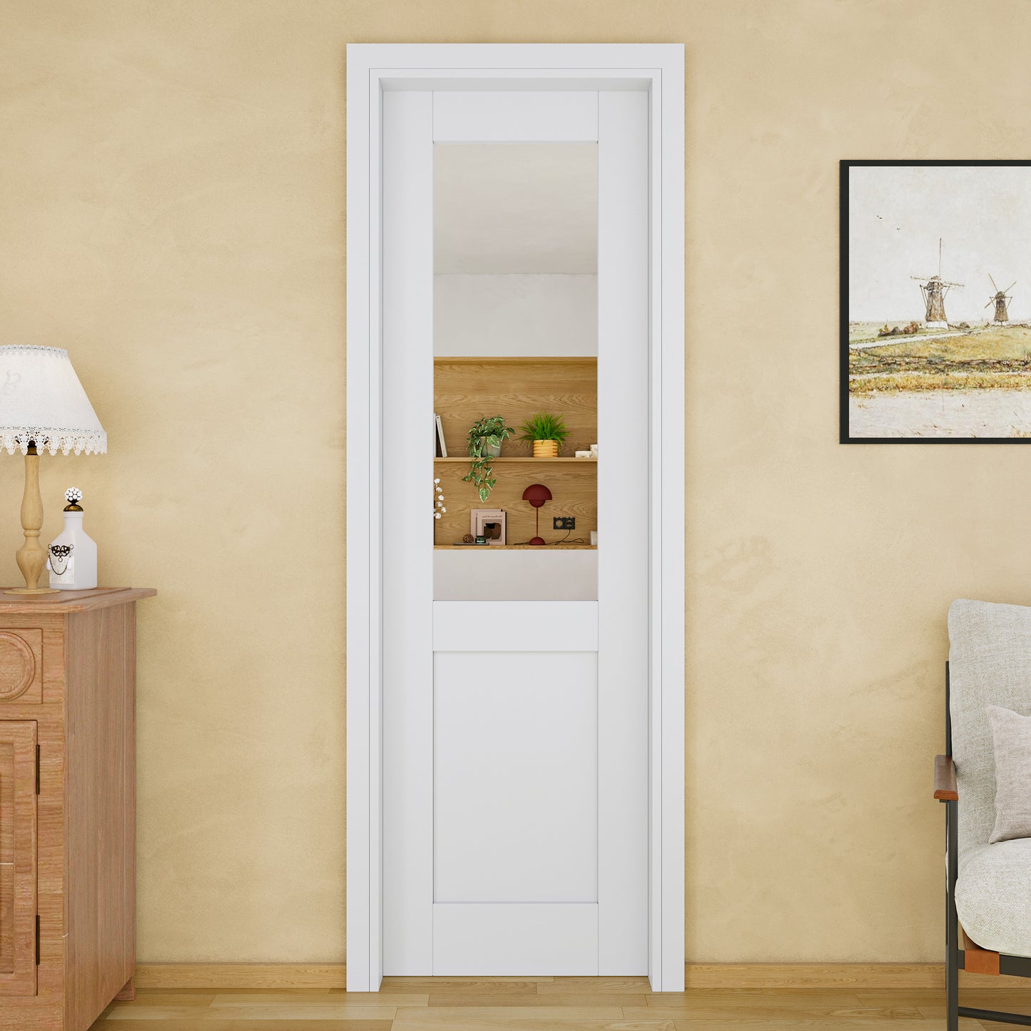JUJUBON Soft-Close Sliding Pocket Doors, Mirror Door Slab with Hardware Kit&Pocket Door Frame, Interior Sliding Doors for 2x4 Stud, Pre-Finished&Paintable, One Side Mirror&The Opposite White