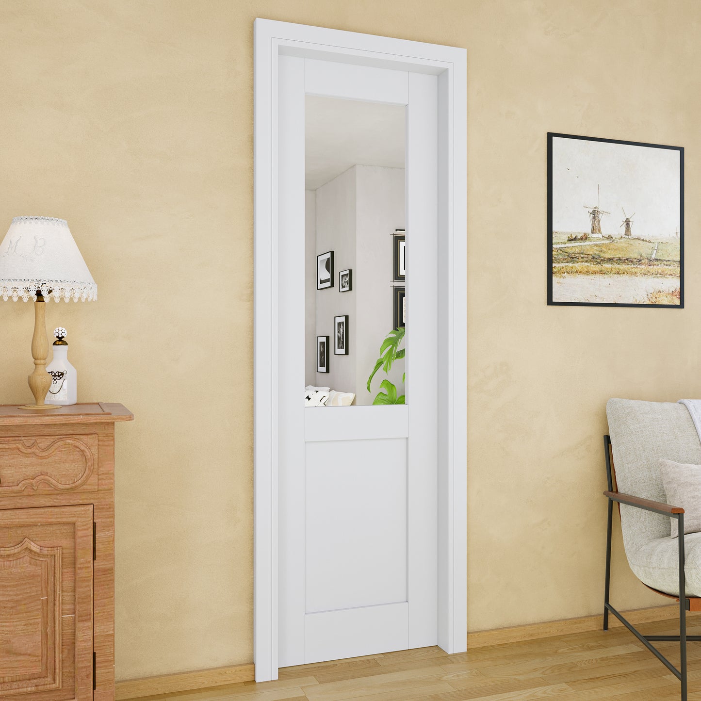 JUJUBON Soft-Close Sliding Pocket Doors, Mirror Door Slab with Hardware Kit&Pocket Door Frame, Interior Sliding Doors for 2x4 Stud, Pre-Finished&Paintable, One Side Mirror&The Opposite White