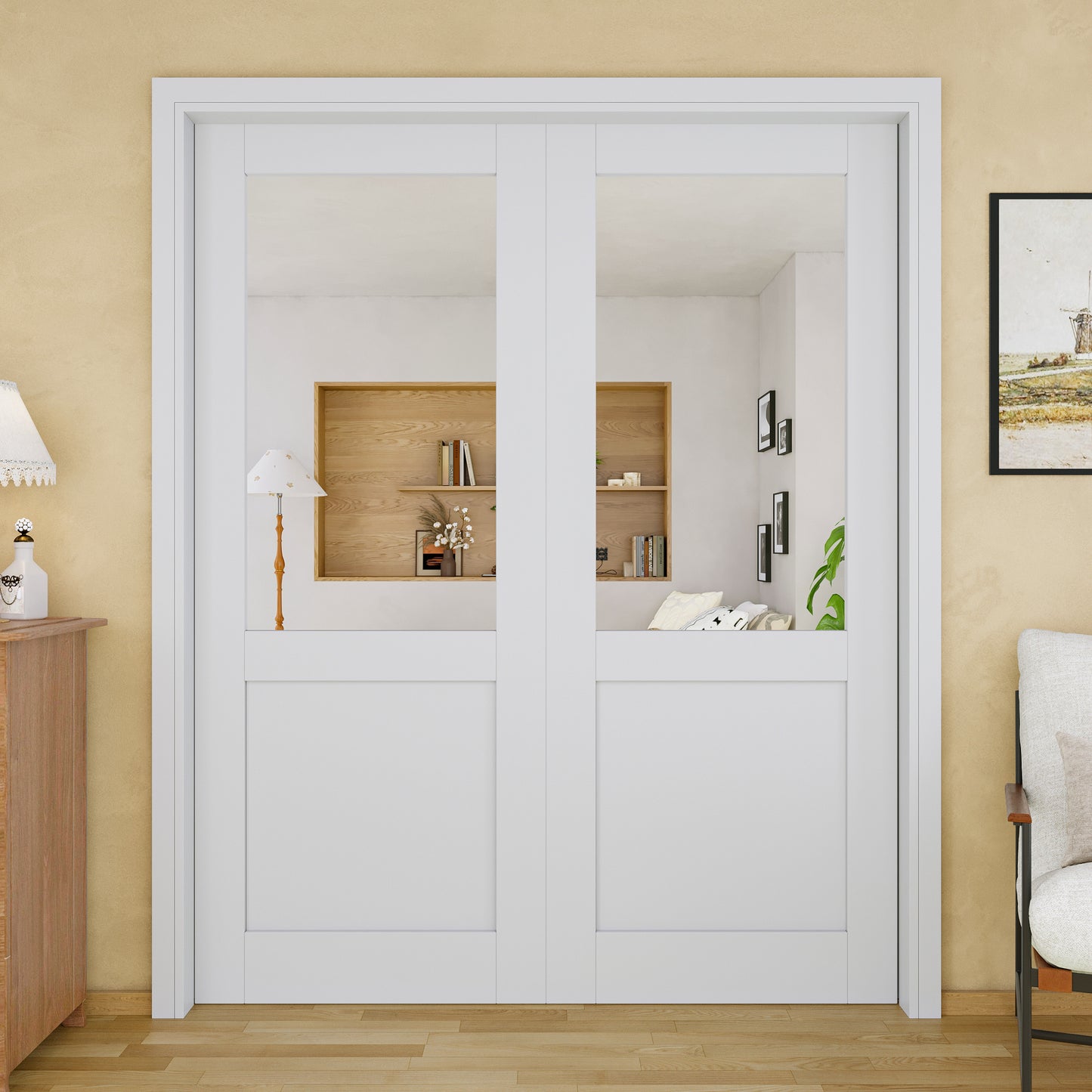 JUJUBON Soft-Close Sliding Pocket Doors, Mirror Door Slab with Hardware Kit&Pocket Door Frame, Interior Sliding Doors for 2x4 Stud, Pre-Finished&Paintable, One Side Mirror&The Opposite White