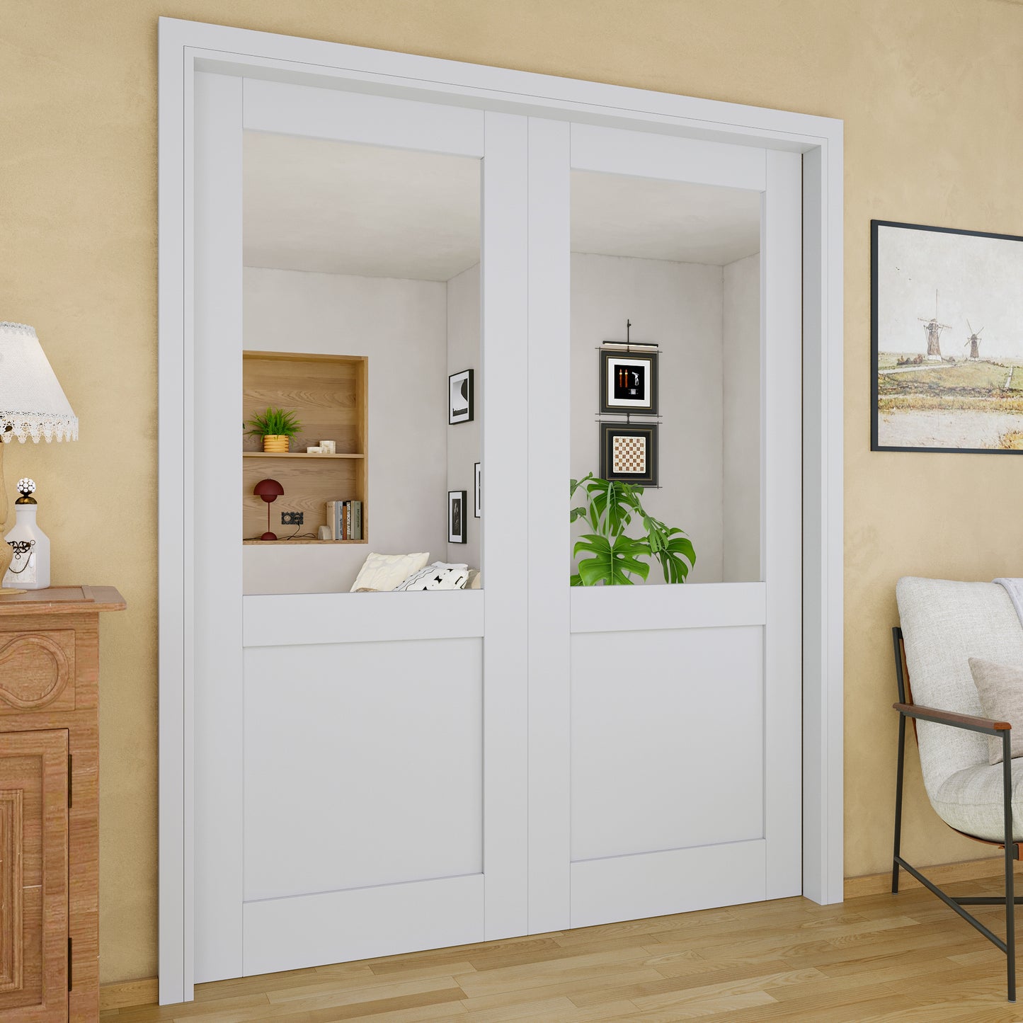 JUJUBON Soft-Close Sliding Pocket Doors, Mirror Door Slab with Hardware Kit&Pocket Door Frame, Interior Sliding Doors for 2x4 Stud, Pre-Finished&Paintable, One Side Mirror&The Opposite White