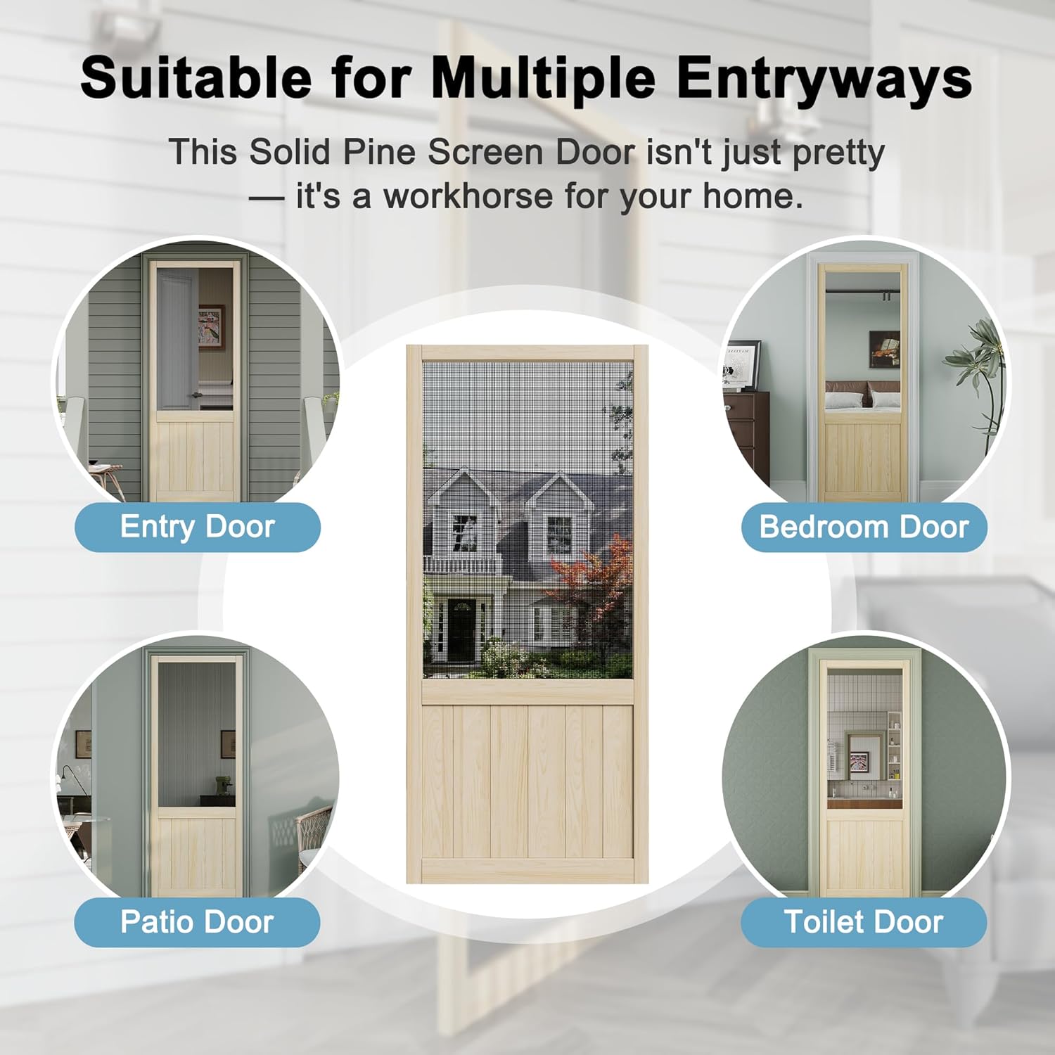 JUJUBON Front Wooden Screen Door for Swing Doors,Solid Pine French Style with Universal Hinged Gauze Mesh Screen Door for Exterior/Interior,Pre-Assembled Easy Installation