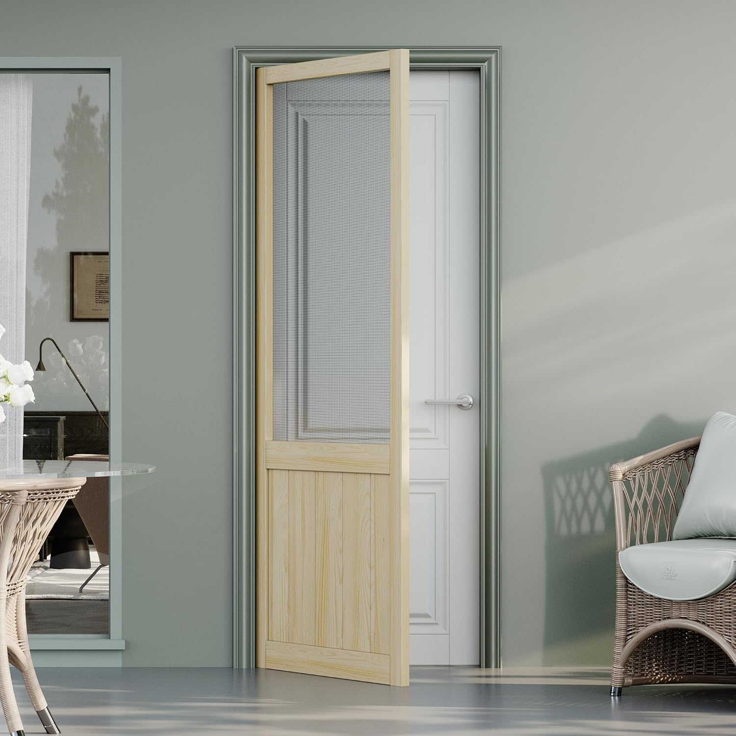 JUJUBON Front Wooden Screen Door for Swing Doors,Solid Pine French Style with Universal Hinged Gauze Mesh Screen Door for Exterior/Interior,Pre-Assembled Easy Installation