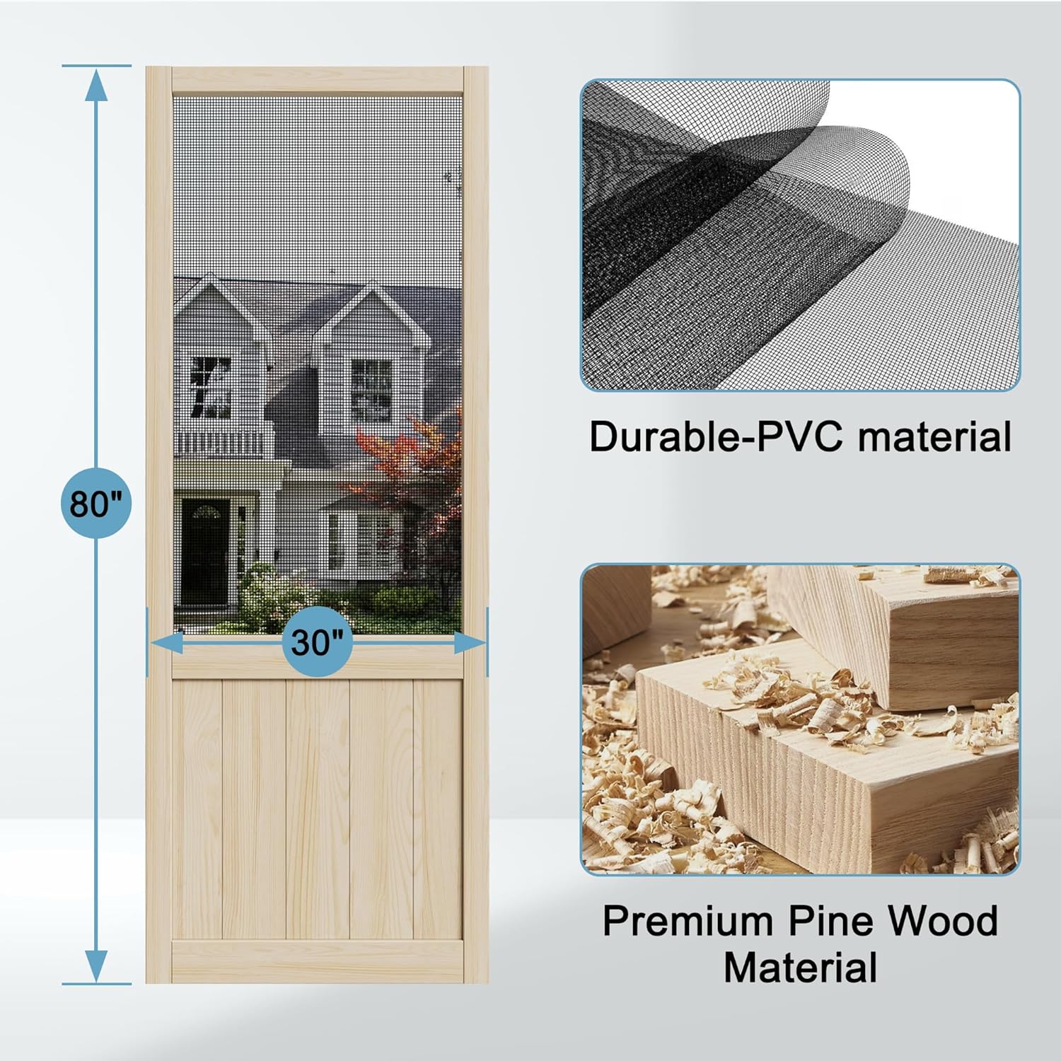 JUJUBON Front Wooden Screen Door for Swing Doors,Solid Pine French Style with Universal Hinged Gauze Mesh Screen Door for Exterior/Interior,Pre-Assembled Easy Installation