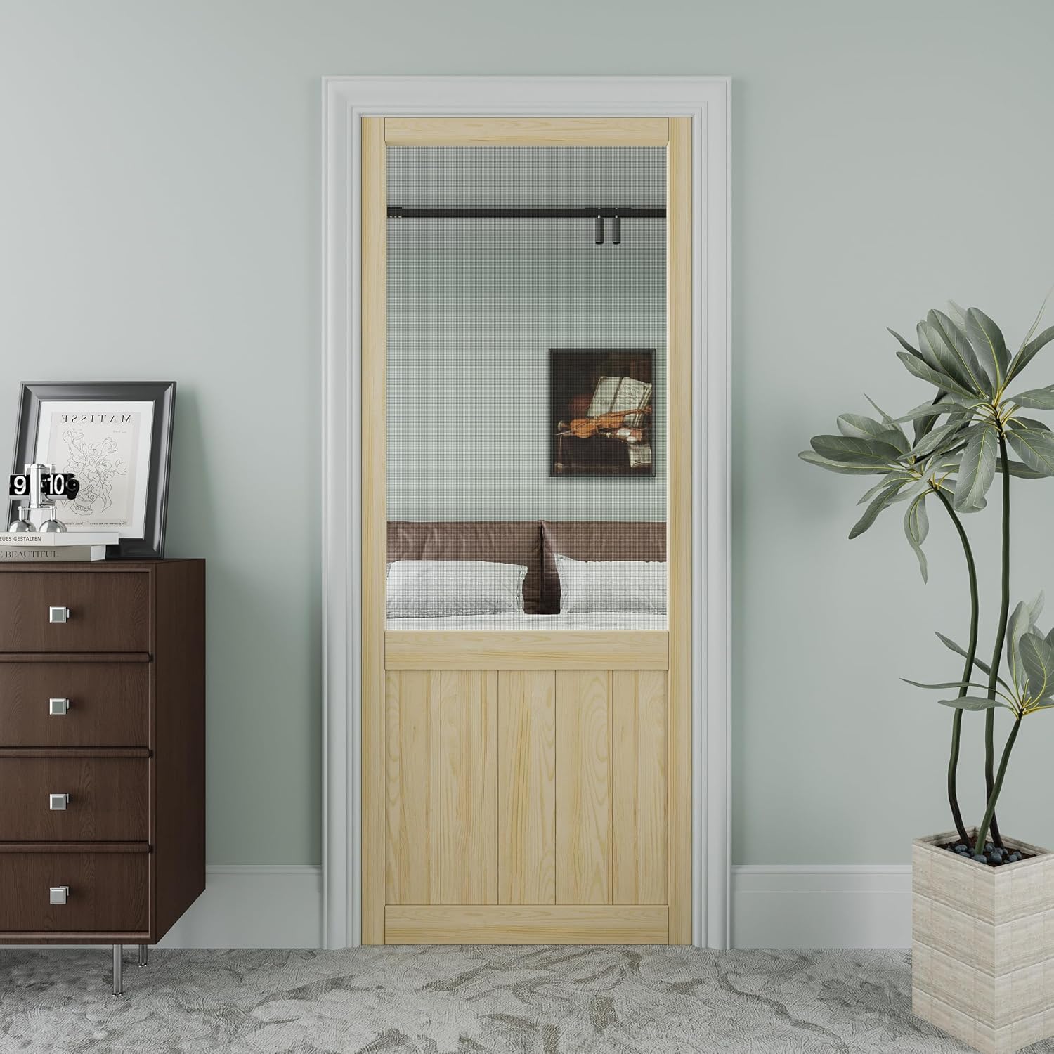 JUJUBON Front Wooden Screen Door for Swing Doors,Solid Pine French Style with Universal Hinged Gauze Mesh Screen Door for Exterior/Interior,Pre-Assembled Easy Installation