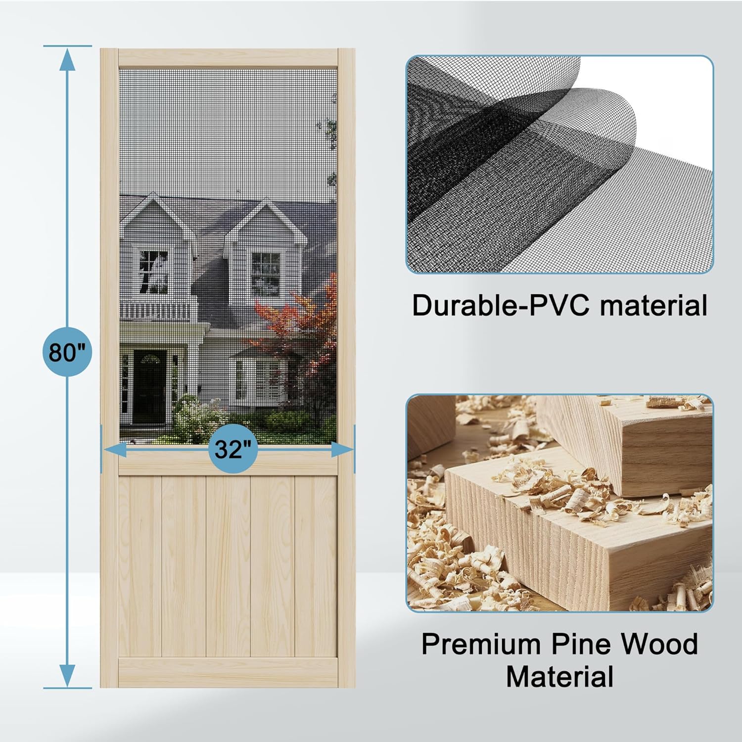 JUJUBON Front Wooden Screen Door for Swing Doors,Solid Pine French Style with Universal Hinged Gauze Mesh Screen Door for Exterior/Interior,Pre-Assembled Easy Installation