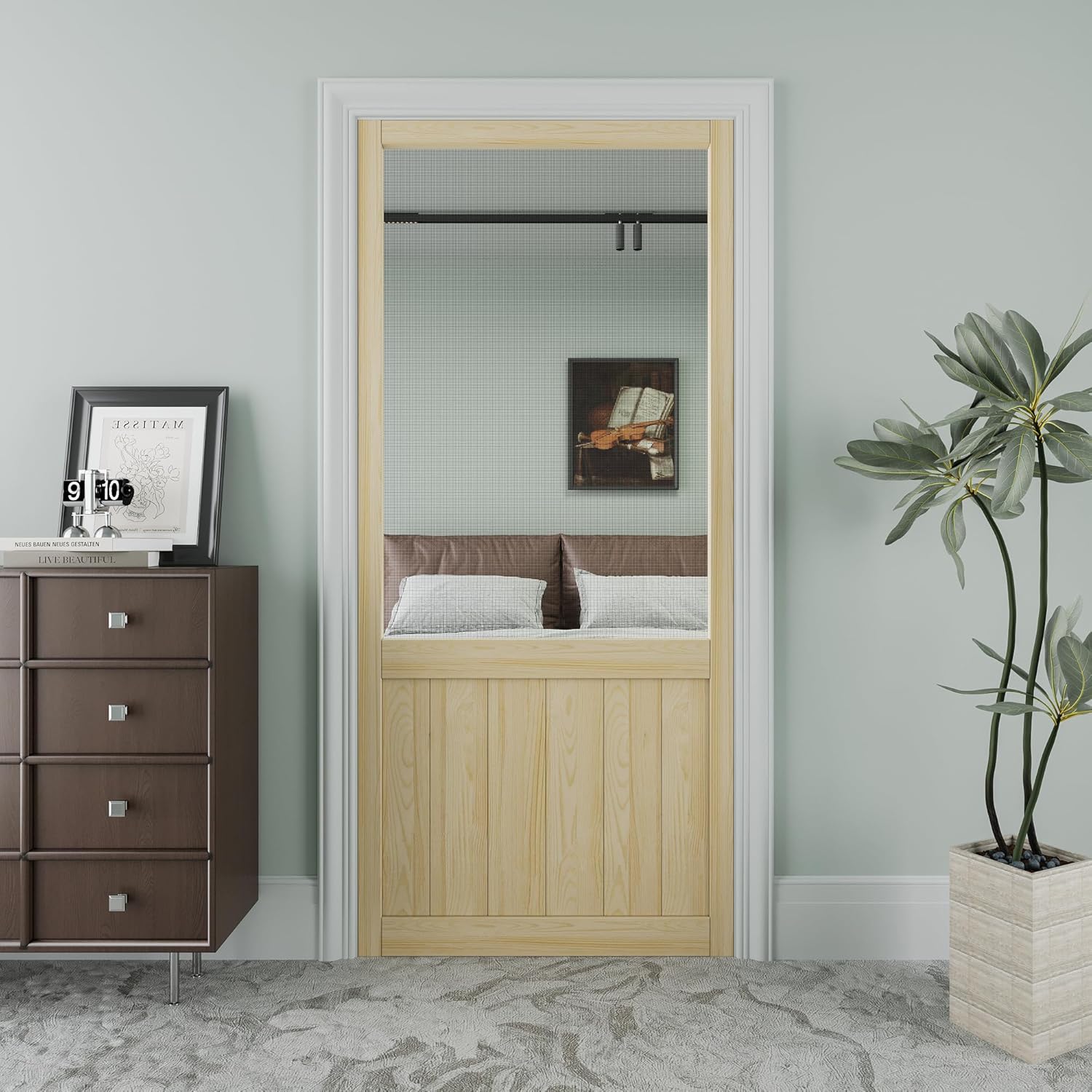 JUJUBON Front Wooden Screen Door for Swing Doors,Solid Pine French Style with Universal Hinged Gauze Mesh Screen Door for Exterior/Interior,Pre-Assembled Easy Installation