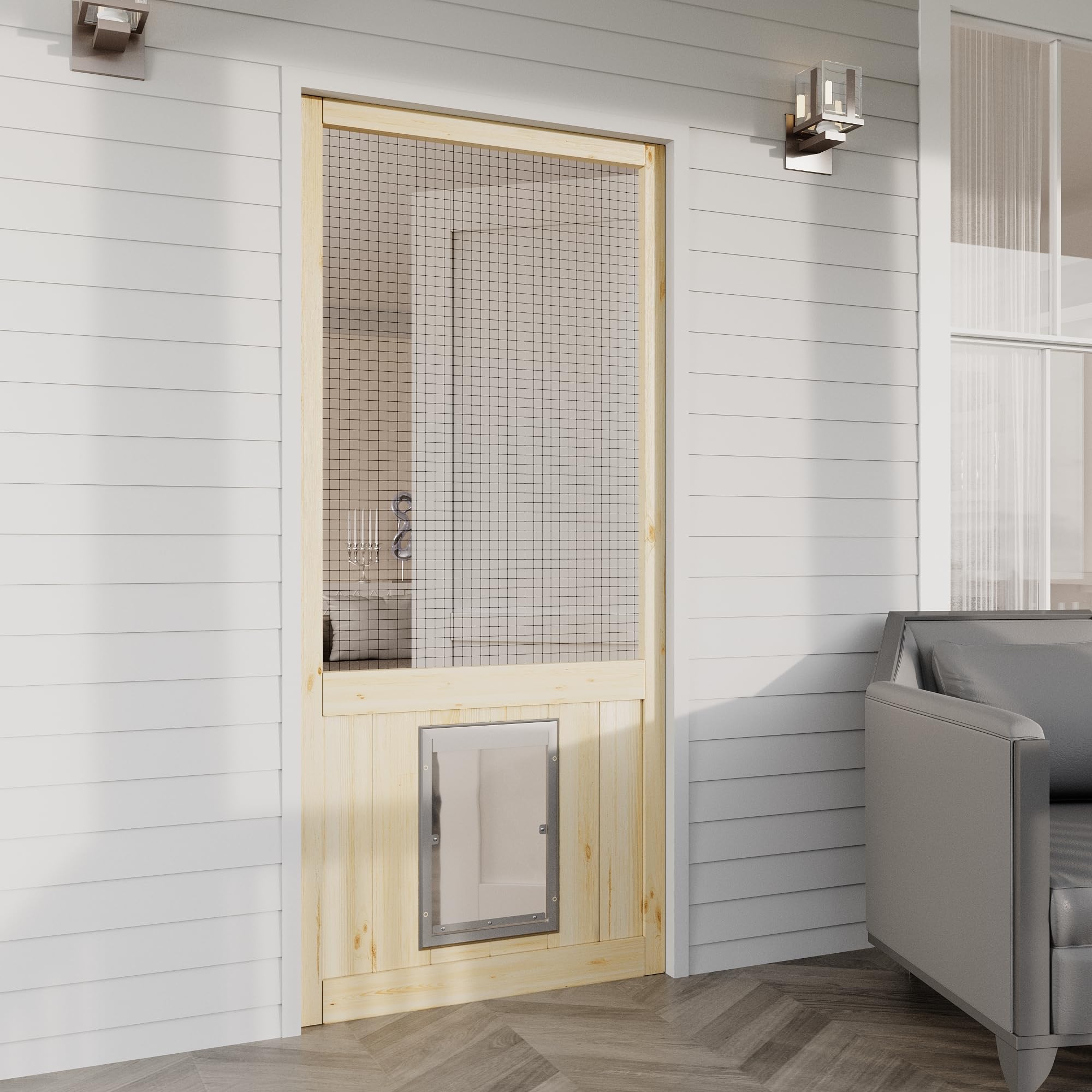 JUJUBON Wooden Front Screen Door, with Built-In Pet Door - French Solid Wood Pine Slab, Hinged Gauze Mesh For Exterior/Interior Doors