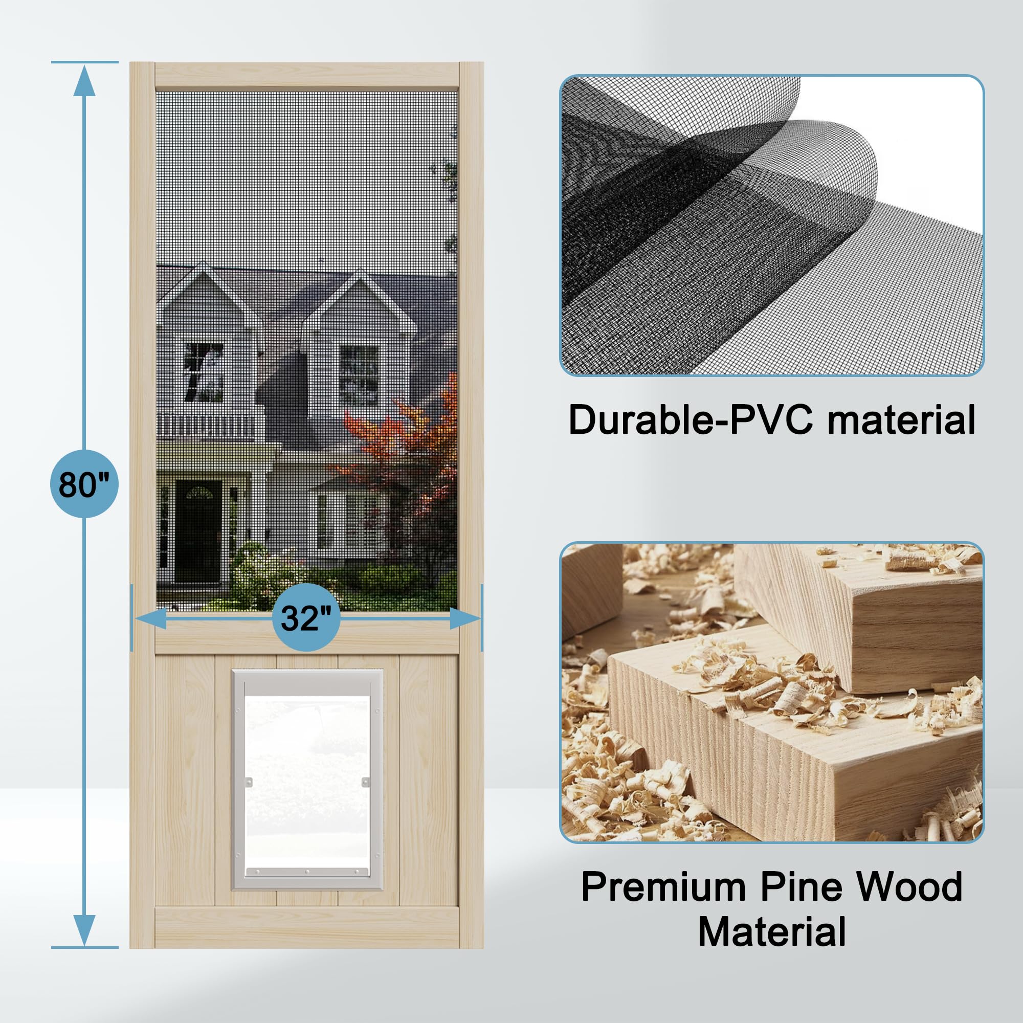 JUJUBON Wooden Front Screen Door, with Built-In Pet Door - French Solid Wood Pine Slab, Hinged Gauze Mesh For Exterior/Interior Doors