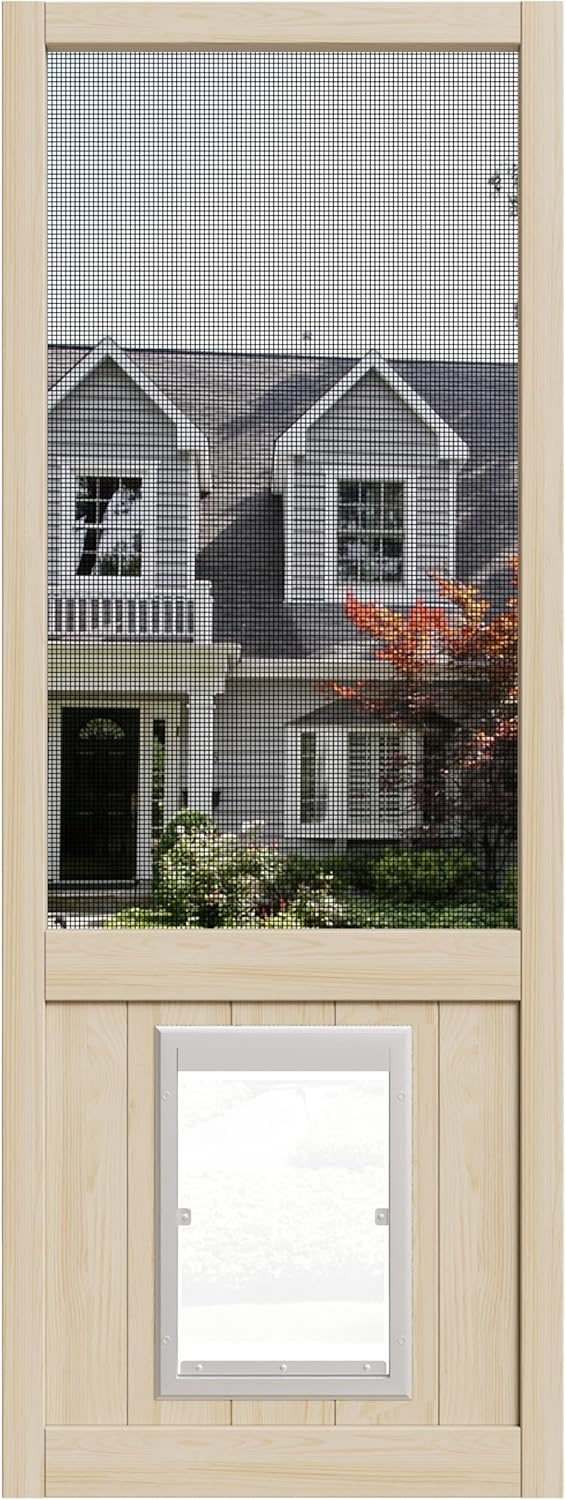 JUJUBON Wooden Front Screen Door, with Built-In Pet Door - French Solid Wood Pine Slab, Hinged Gauze Mesh For Exterior/Interior Doors