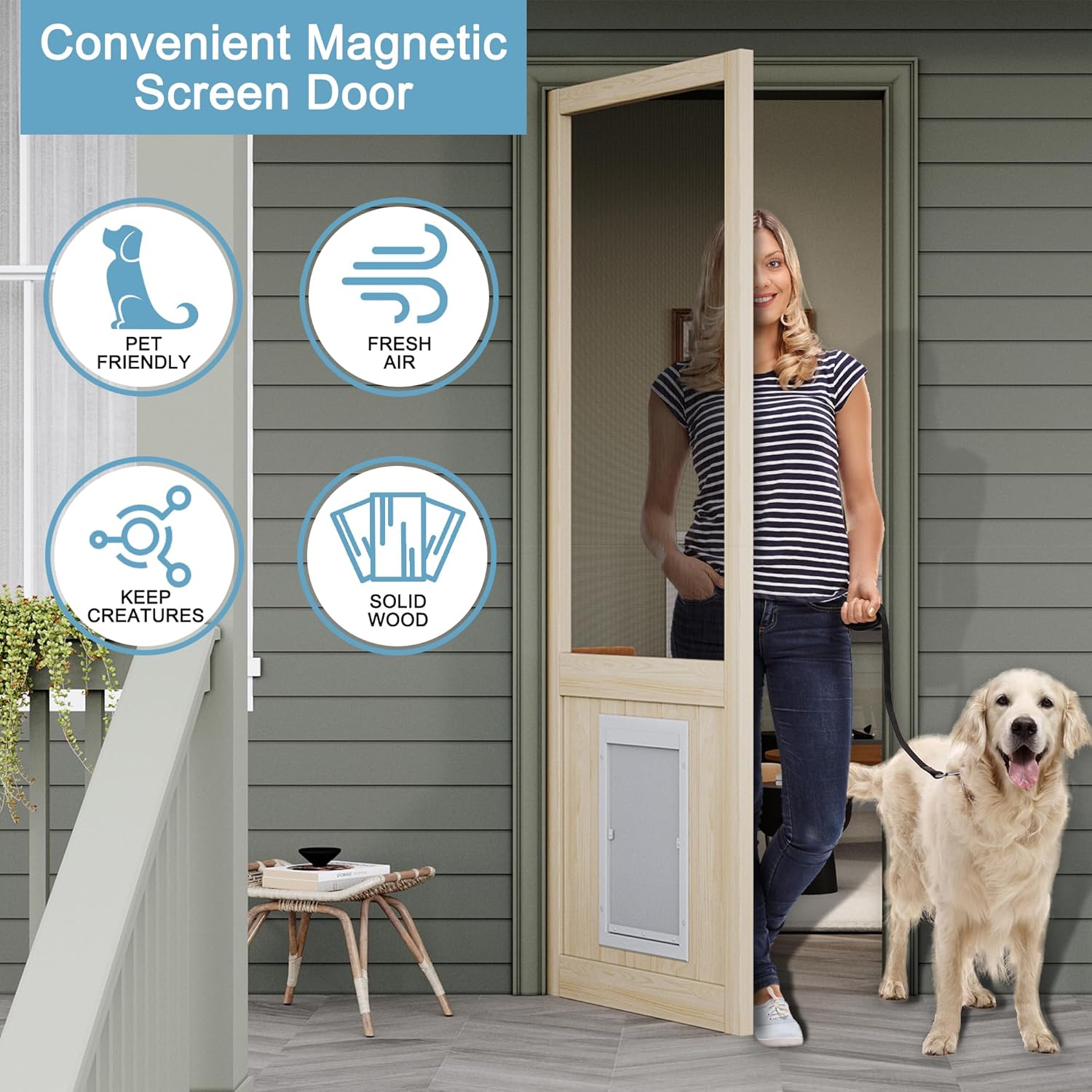 JUJUBON Wooden Front Screen Door, with Built-In Pet Door - French Solid Wood Pine Slab, Hinged Gauze Mesh For Exterior/Interior Doors