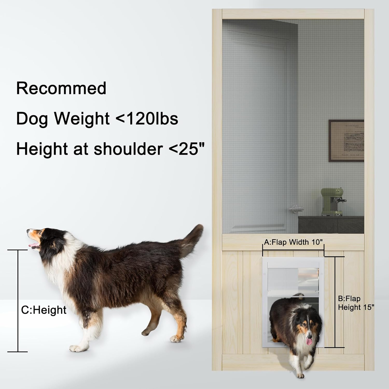 JUJUBON Wooden Front Screen Door, with Built-In Pet Door - French Solid Wood Pine Slab, Hinged Gauze Mesh For Exterior/Interior Doors