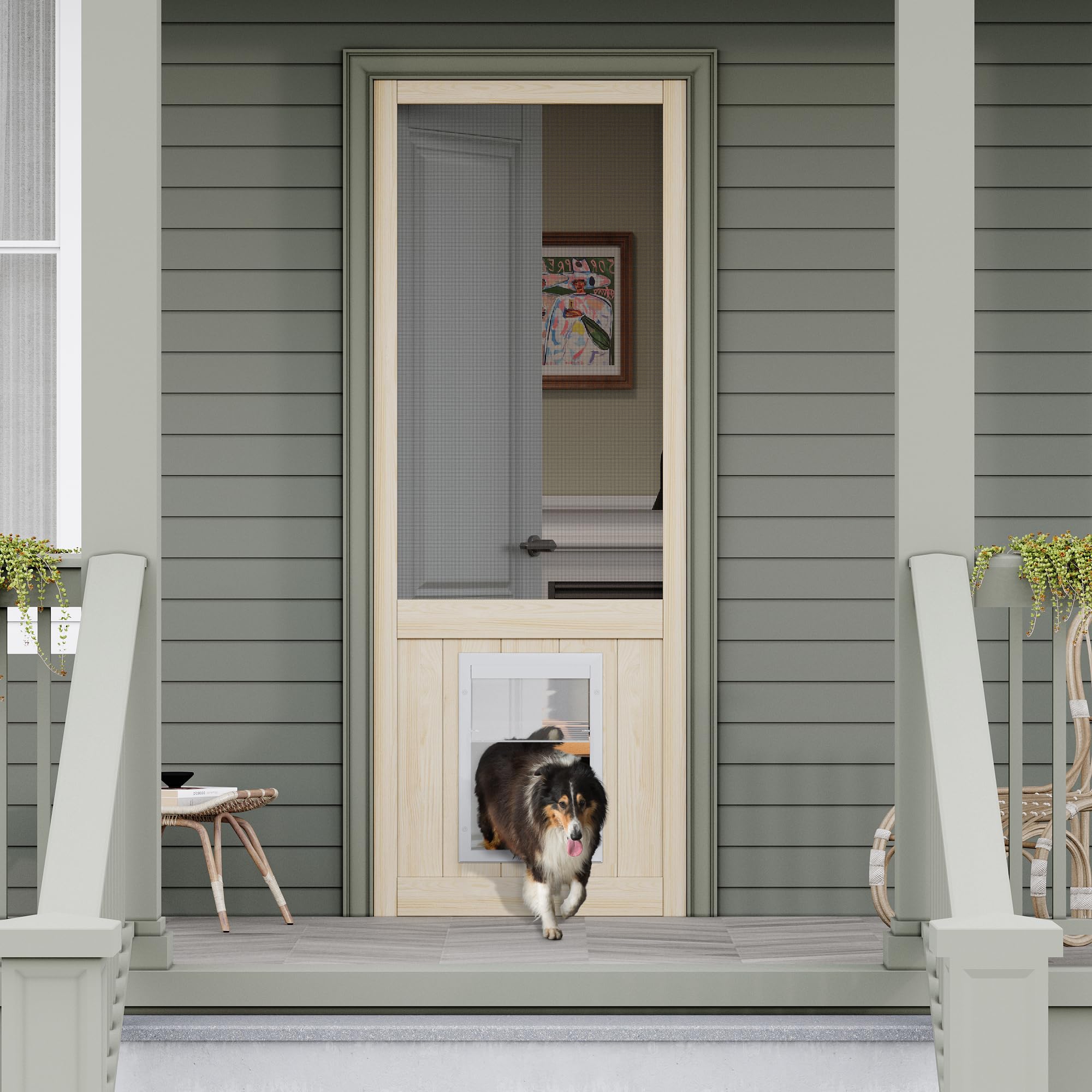 JUJUBON Wooden Front Screen Door, with Built-In Pet Door - French Solid Wood Pine Slab, Hinged Gauze Mesh For Exterior/Interior Doors