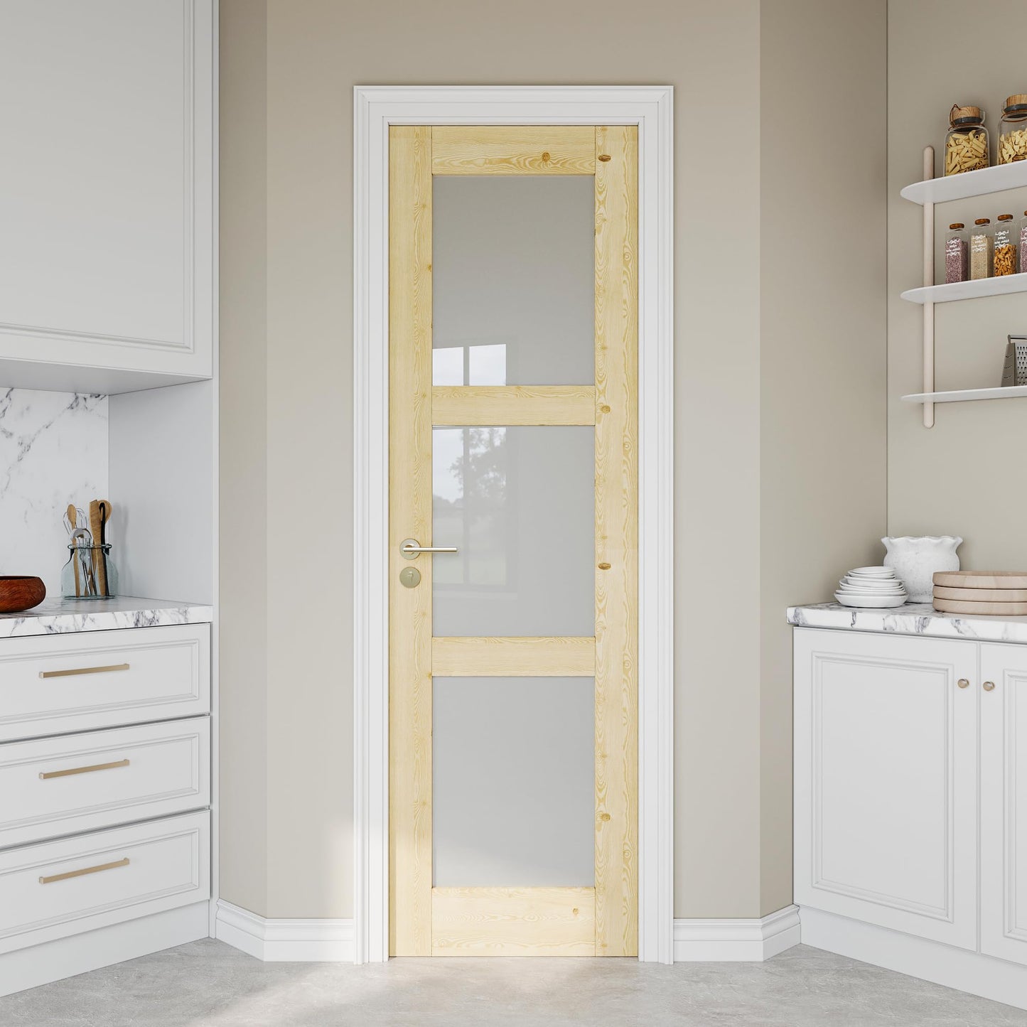 Jujubon Unfinished Solid Core Pine Wood 3-Lite Tempered Frosted Glass Interior Door Slab with/without Prehung Kit