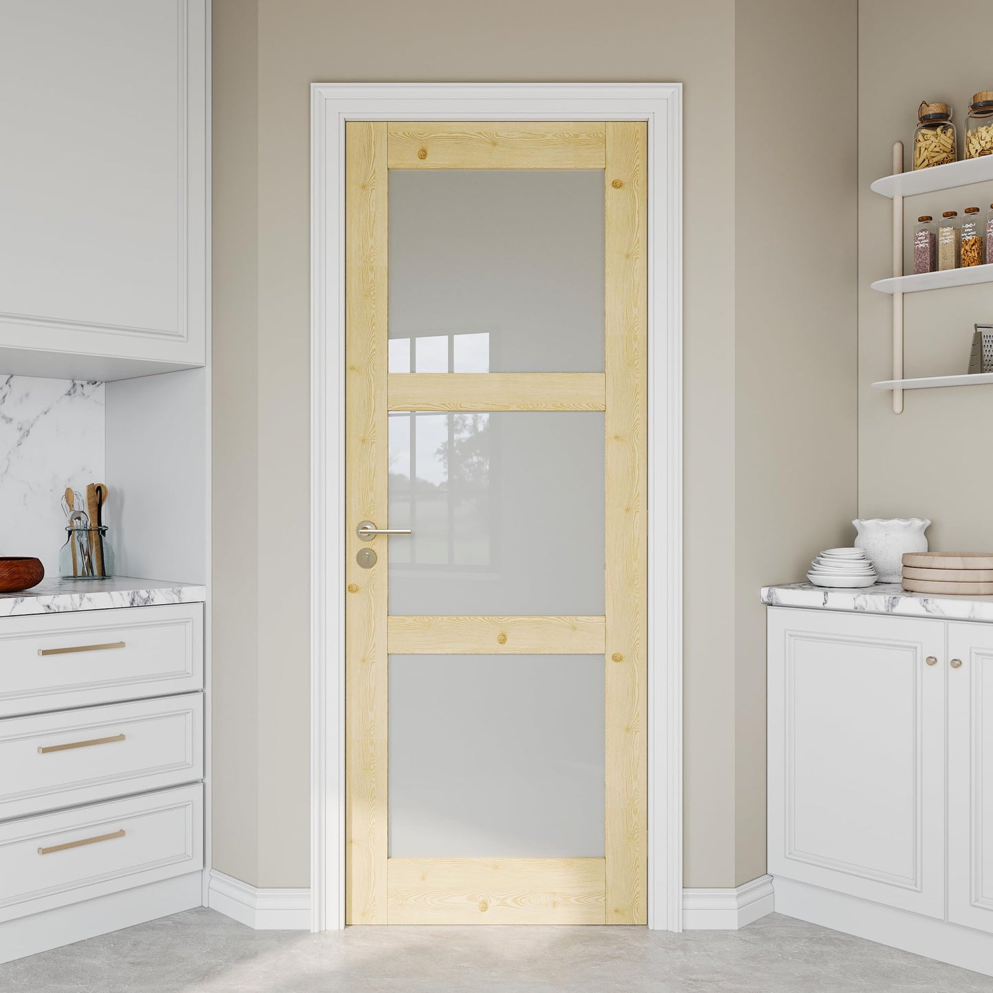 Jujubon Unfinished Solid Core Pine Wood 3-Lite Tempered Frosted Glass Interior Door Slab with/without Prehung Kit