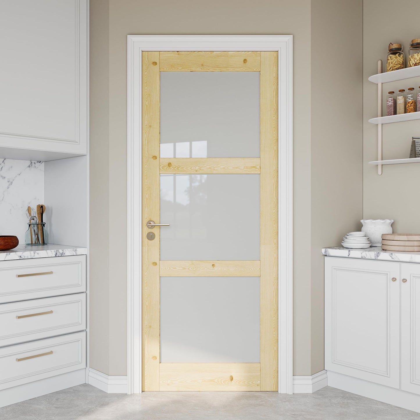 Jujubon Unfinished Solid Core Pine Wood 3-Lite Tempered Frosted Glass Interior Door Slab with/without Prehung Kit