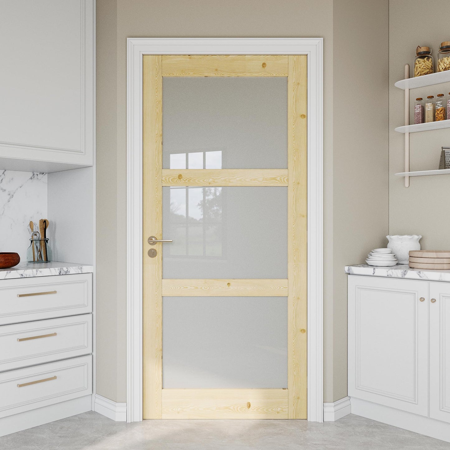 Jujubon Unfinished Solid Core Pine Wood 3-Lite Tempered Frosted Glass Interior Door Slab with/without Prehung Kit