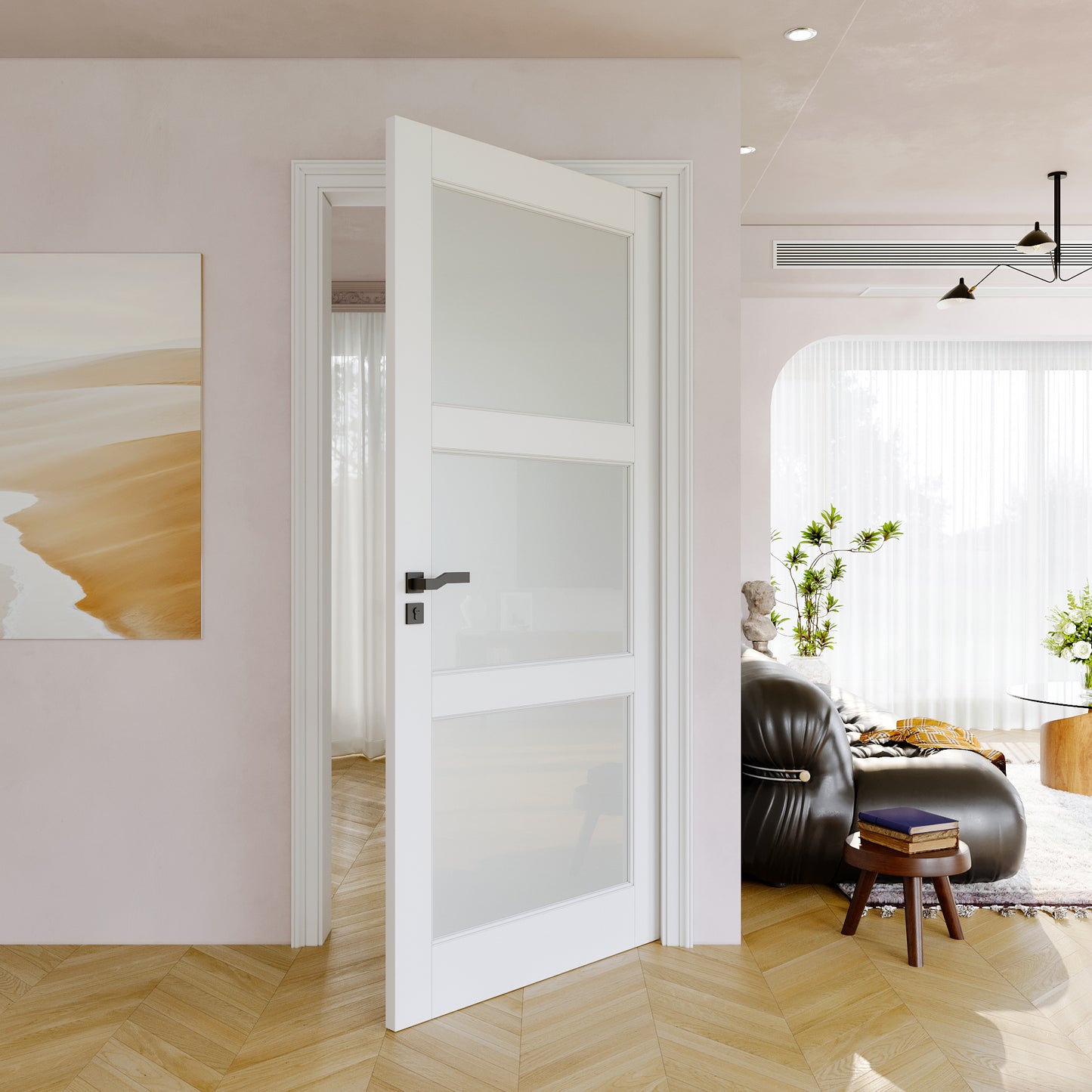 JUJUBON Slab Door, 3-Panel Pre-Assembled Frosted Glass Interior French Door Slab, Soild Core & Pre-Finished Single Panel for Pantry Bedroom Closet as Pocket, Bifold, Barn Doors-Shaker w/o Hardware