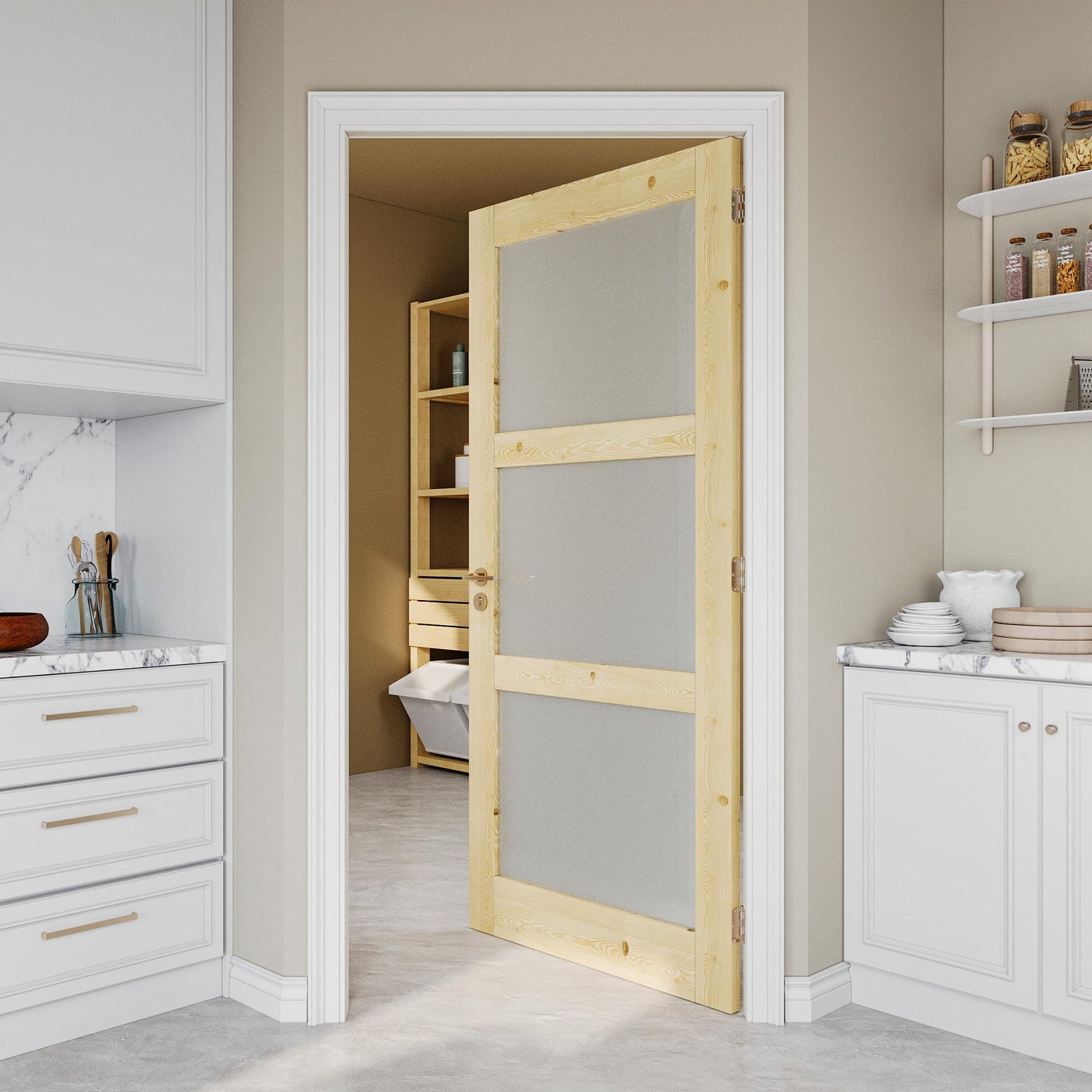 Jujubon Unfinished Solid Core Pine Wood 3-Lite Tempered Frosted Glass Interior Door Slab with/without Prehung Kit