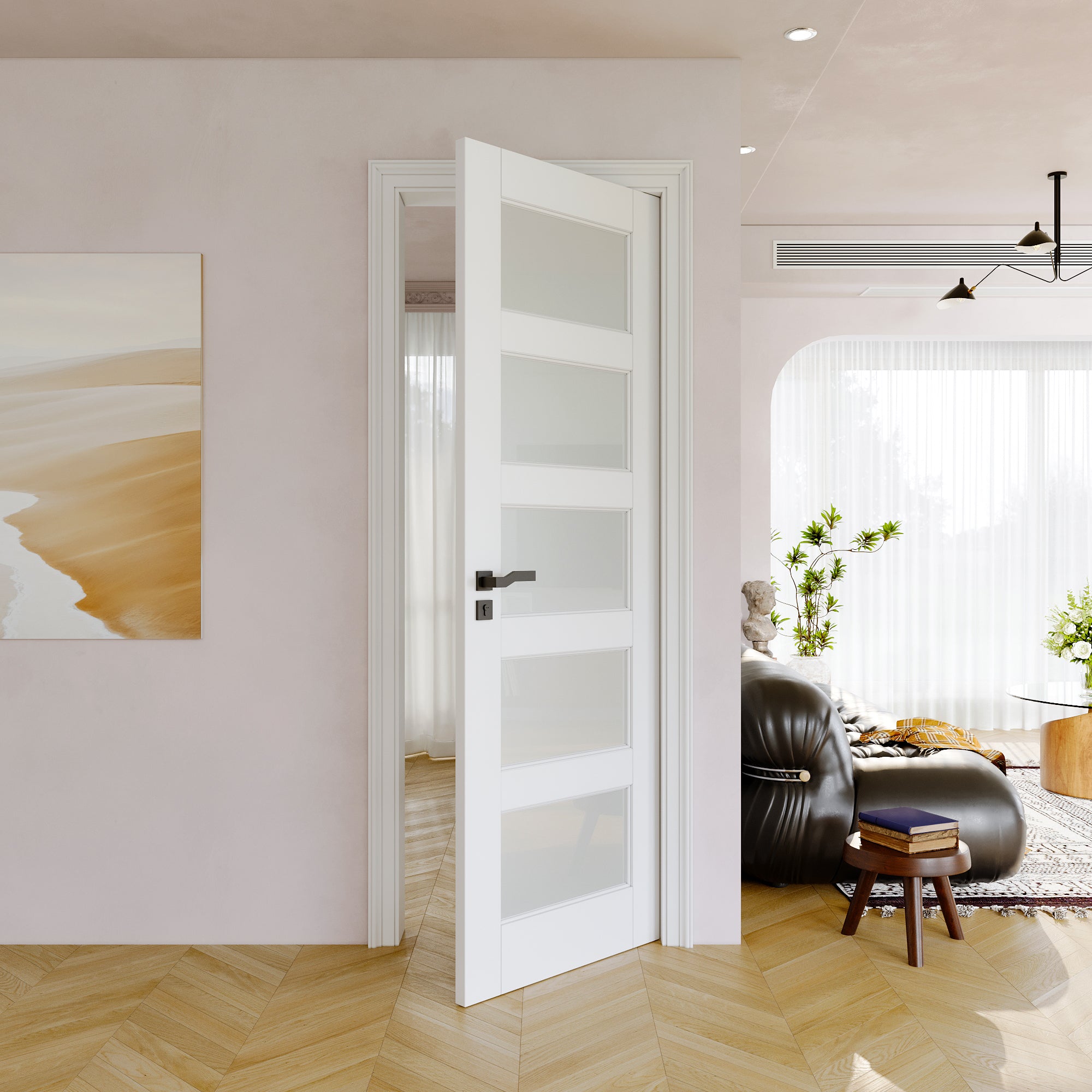 JUJUBON Slab Door, 5-Panel Pre-Assembled Frosted Glass Interior French Door Slab, Soild Core & Pre-Finished Single Panel for Pantry Bedroom Closet as Pocket, Bifold, Barn Doors-Shaker w/o Hardware