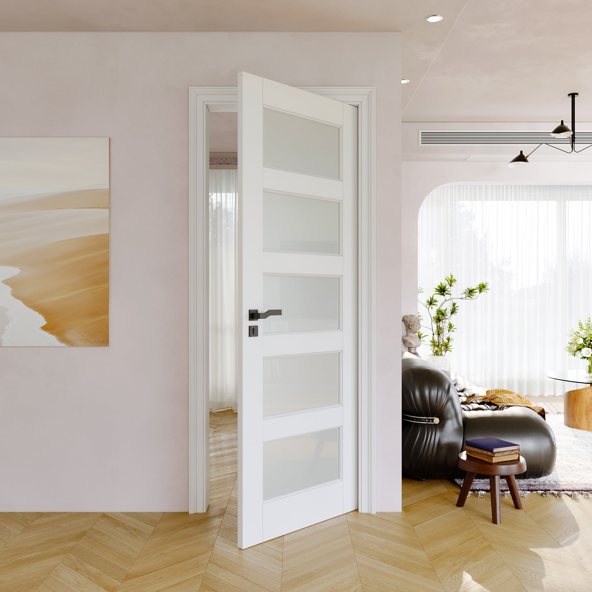 JUJUBON Slab Door, 5-Panel Pre-Assembled Frosted Glass Interior French Door Slab, Soild Core & Pre-Finished Single Panel for Pantry Bedroom Closet as Pocket, Bifold, Barn Doors-Shaker w/o Hardware
