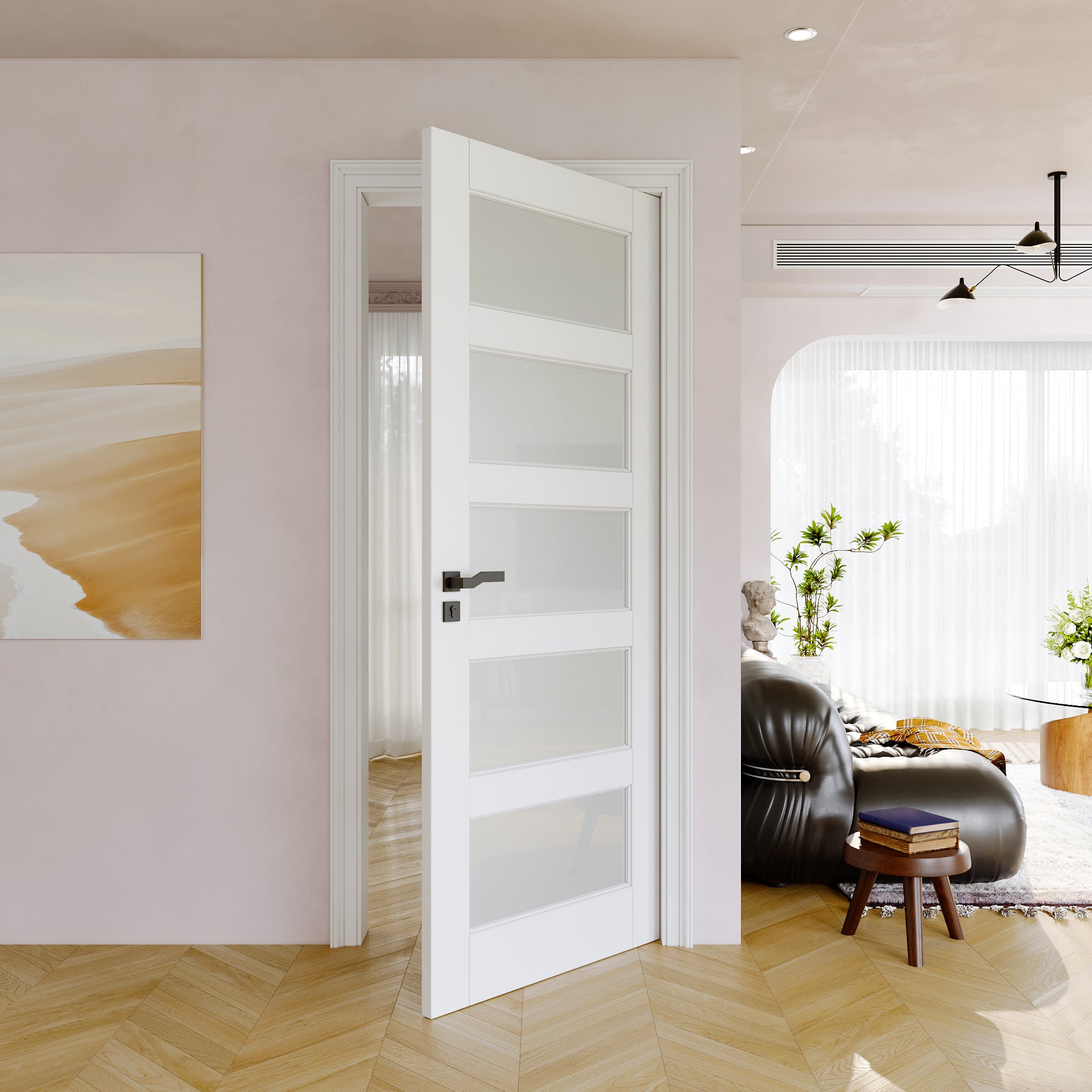 JUJUBON Slab Door, 5-Panel Pre-Assembled Frosted Glass Interior French Door Slab, Soild Core & Pre-Finished Single Panel for Pantry Bedroom Closet as Pocket, Bifold, Barn Doors-Shaker w/o Hardware