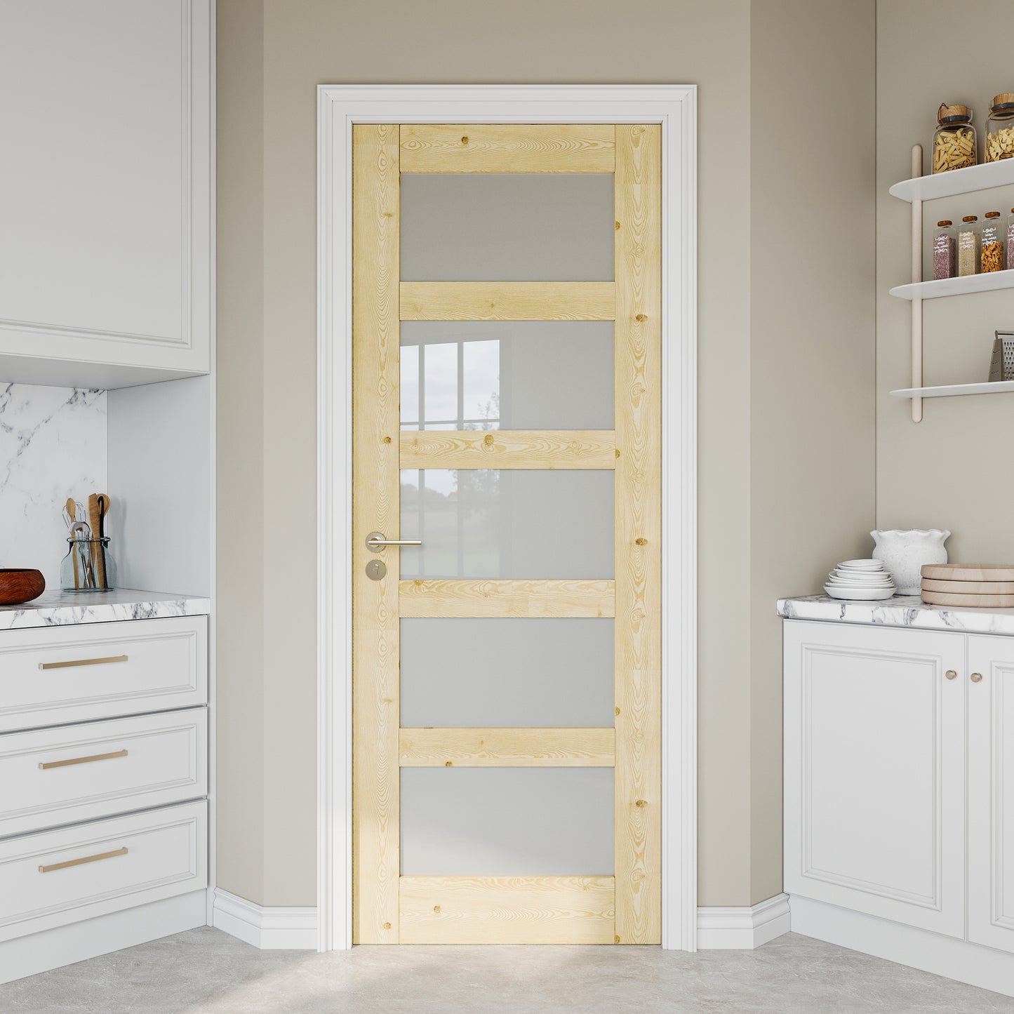 JUJUBON Pine Wood Slab Door, 5-Panel Frosted Glass Interior Doors, Single Room Door for Closet & Bedroom, Farmhouse Style as Prehung, Pocket, Bifold, Barn Doors, Easy DIY Stain, Shaker w/o Hardware