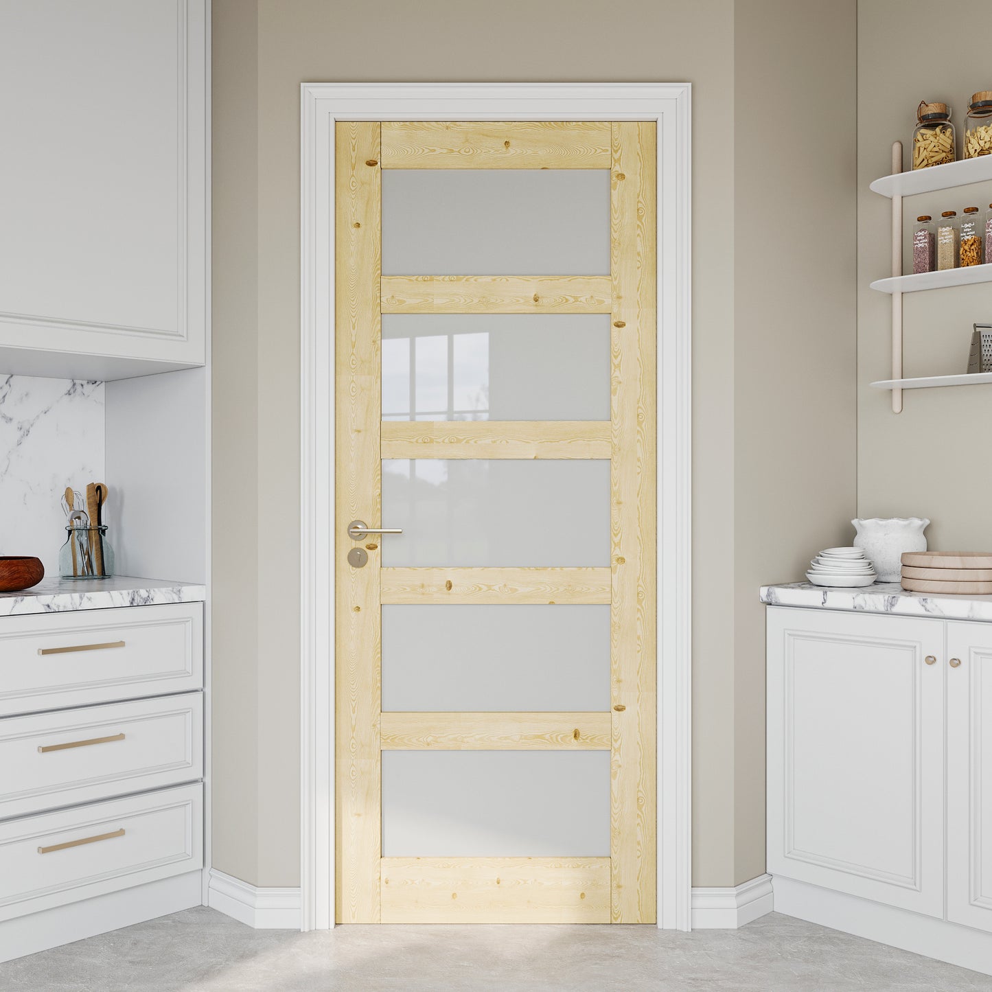 JUJUBON Pine Wood Slab Door, 5-Panel Frosted Glass Interior Doors, Single Room Door for Closet & Bedroom, Farmhouse Style as Prehung, Pocket, Bifold, Barn Doors, Easy DIY Stain, Shaker w/o Hardware