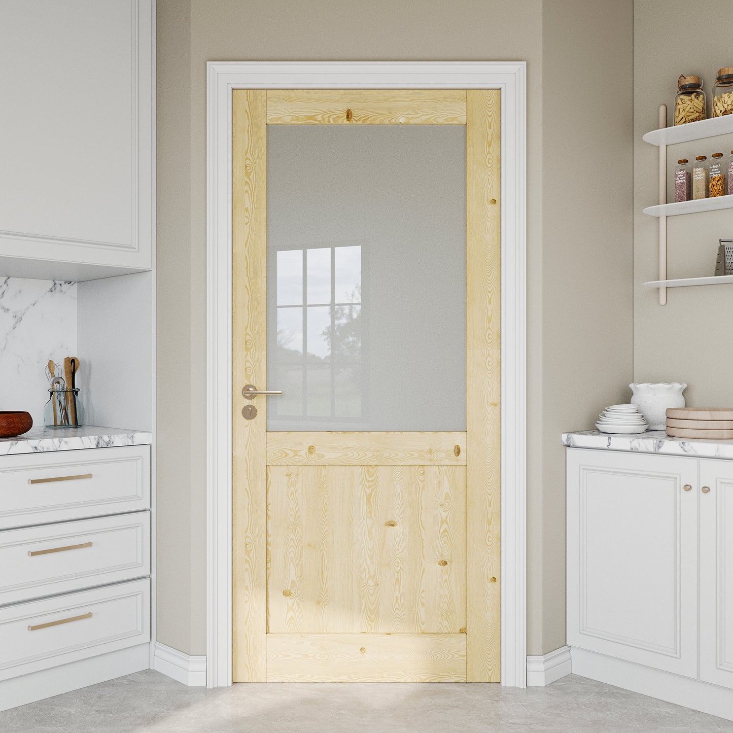 JUJUBON Pine Wood Slab Door, Half Frosted Glass Interior Doors, Single Room Door for Closet & Bedroom, Farmhouse Style as Prehung, Pocket, Bifold, Barn Doors, Easy DIY Stain, Shaker w/o Hardware