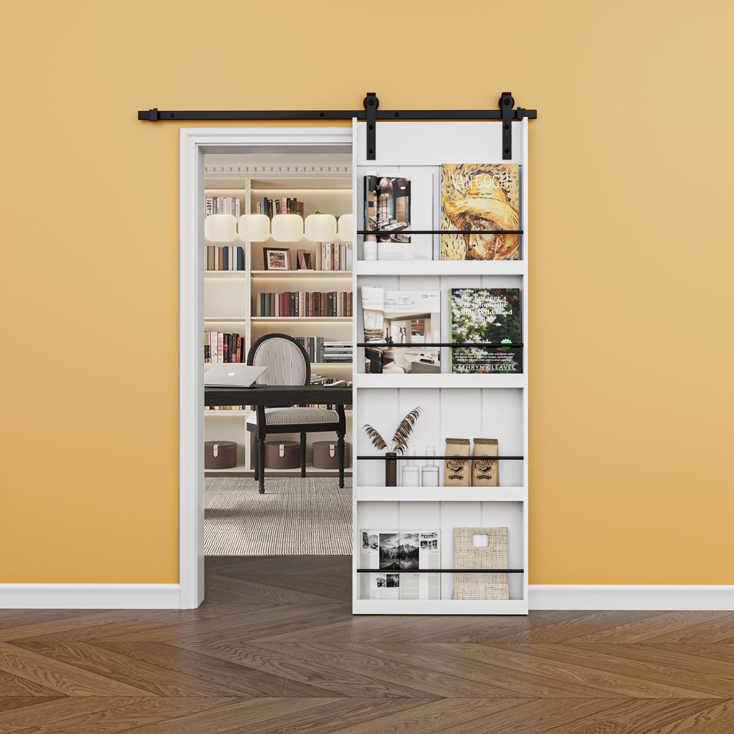 Paintable Barn Door with Hardware Kit Included, Solid MDF Wood 4-Shelf Storage Shelves Style Sliding Barn Door, Easy Install, Interior Kitchen Pantry Bathroom Home Office Door