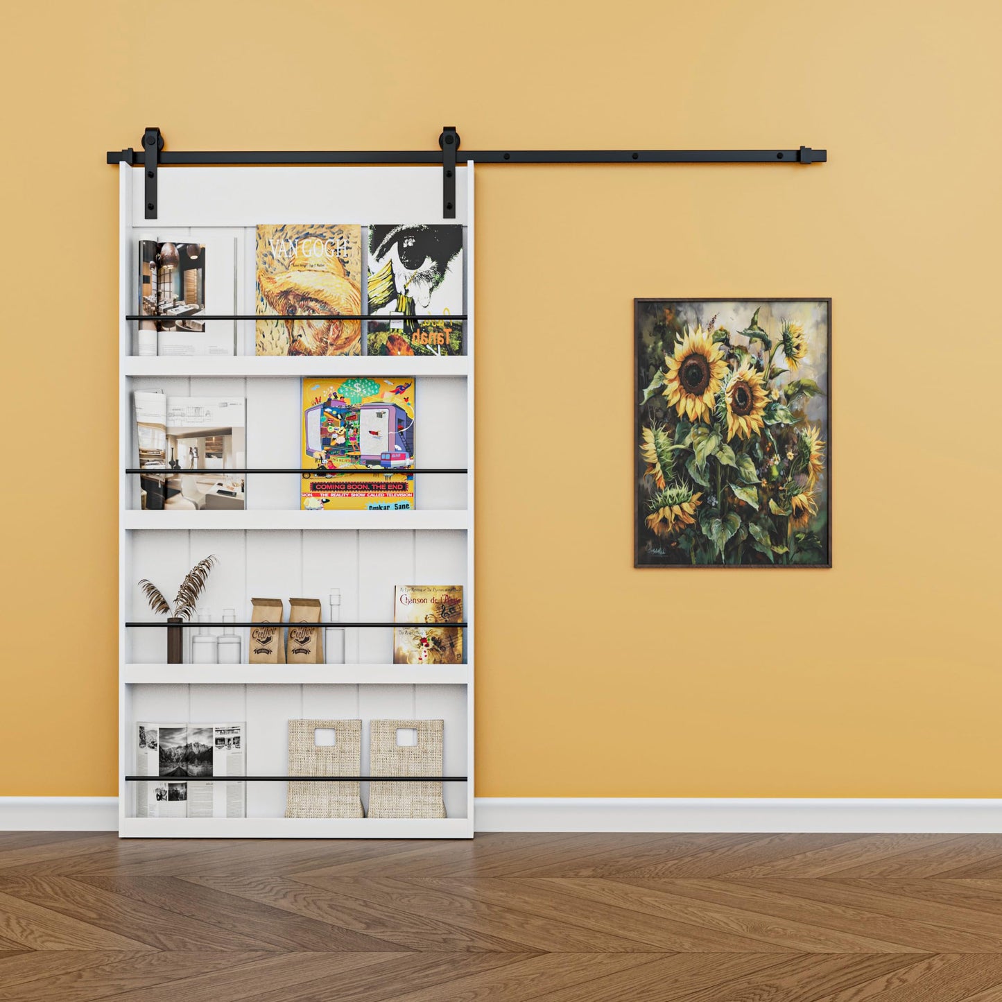 Paintable Barn Door with Hardware Kit Included, Solid MDF Wood 4-Shelf Storage Shelves Style Sliding Barn Door, Easy Install, Interior Kitchen Pantry Bathroom Home Office Door