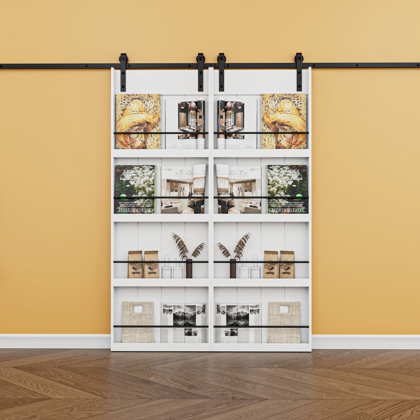 Paintable Barn Door with Hardware Kit Included, Solid MDF Wood 4-Shelf Storage Shelves Style Sliding Barn Door, Easy Install, Interior Kitchen Pantry Bathroom Home Office Door