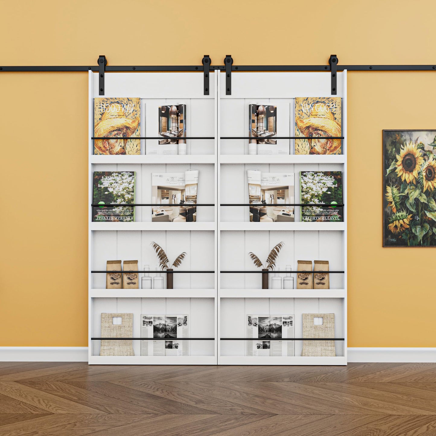 Paintable Barn Door with Hardware Kit Included, Solid MDF Wood 4-Shelf Storage Shelves Style Sliding Barn Door, Easy Install, Interior Kitchen Pantry Bathroom Home Office Door