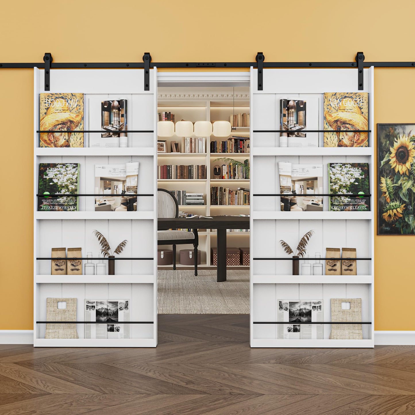 Paintable Barn Door with Hardware Kit Included, Solid MDF Wood 4-Shelf Storage Shelves Style Sliding Barn Door, Easy Install, Interior Kitchen Pantry Bathroom Home Office Door