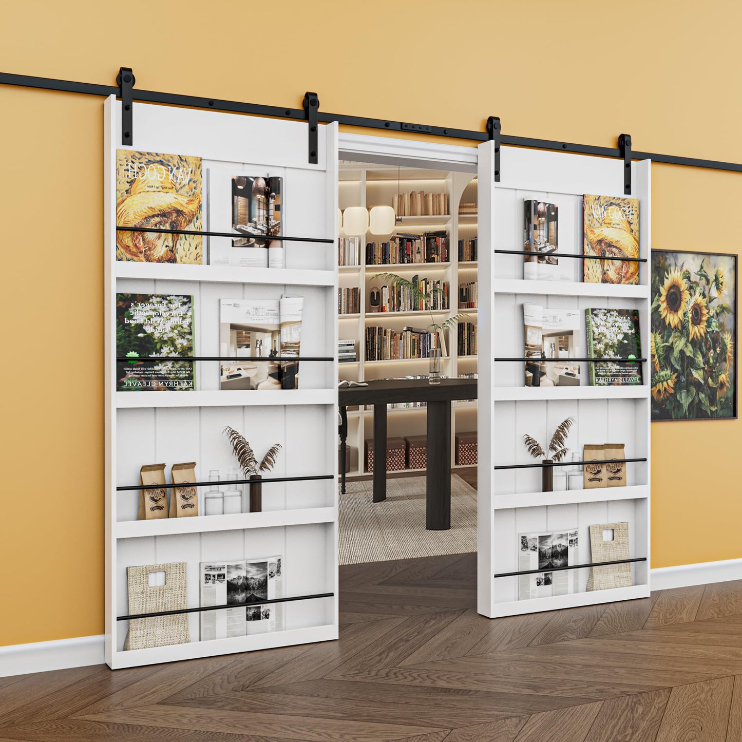 Paintable Barn Door with Hardware Kit Included, Solid MDF Wood 4-Shelf Storage Shelves Style Sliding Barn Door, Easy Install, Interior Kitchen Pantry Bathroom Home Office Door