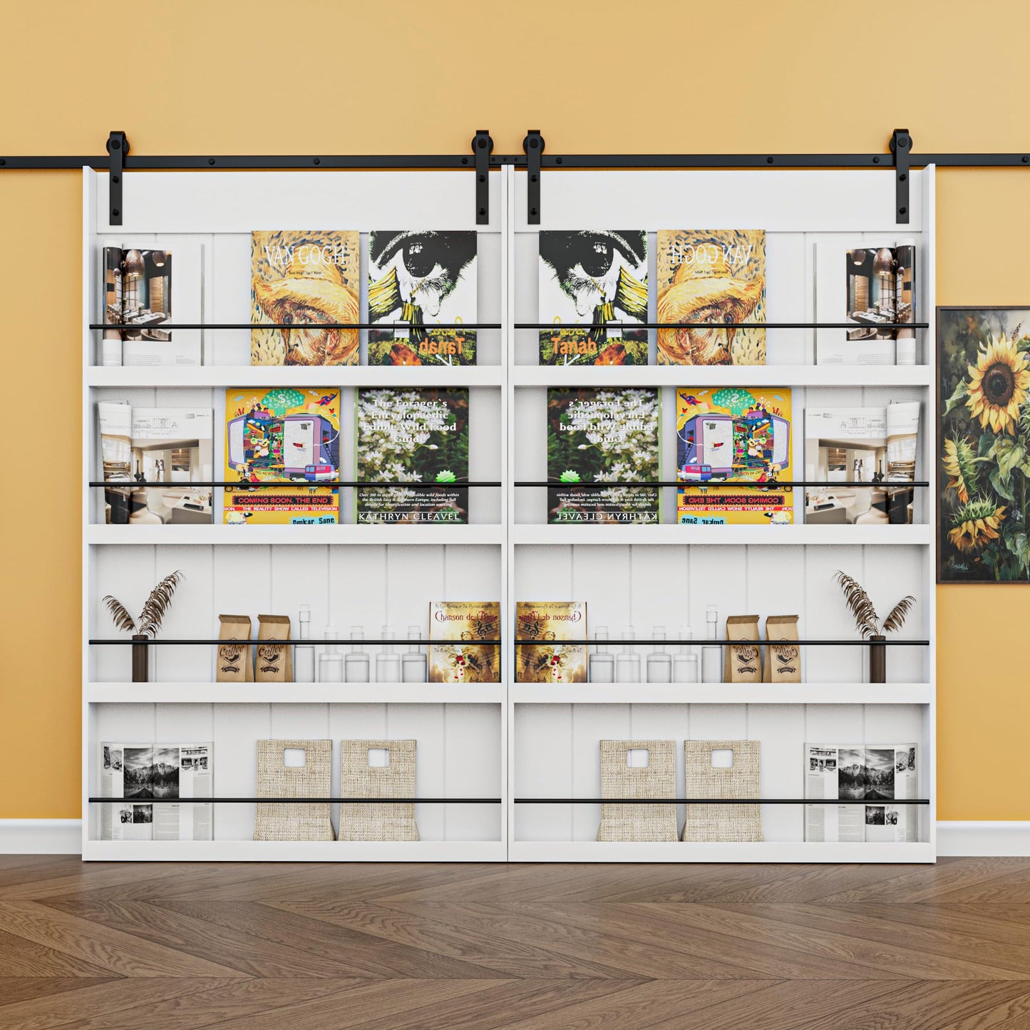 Paintable Barn Door with Hardware Kit Included, Solid MDF Wood 4-Shelf Storage Shelves Style Sliding Barn Door, Easy Install, Interior Kitchen Pantry Bathroom Home Office Door