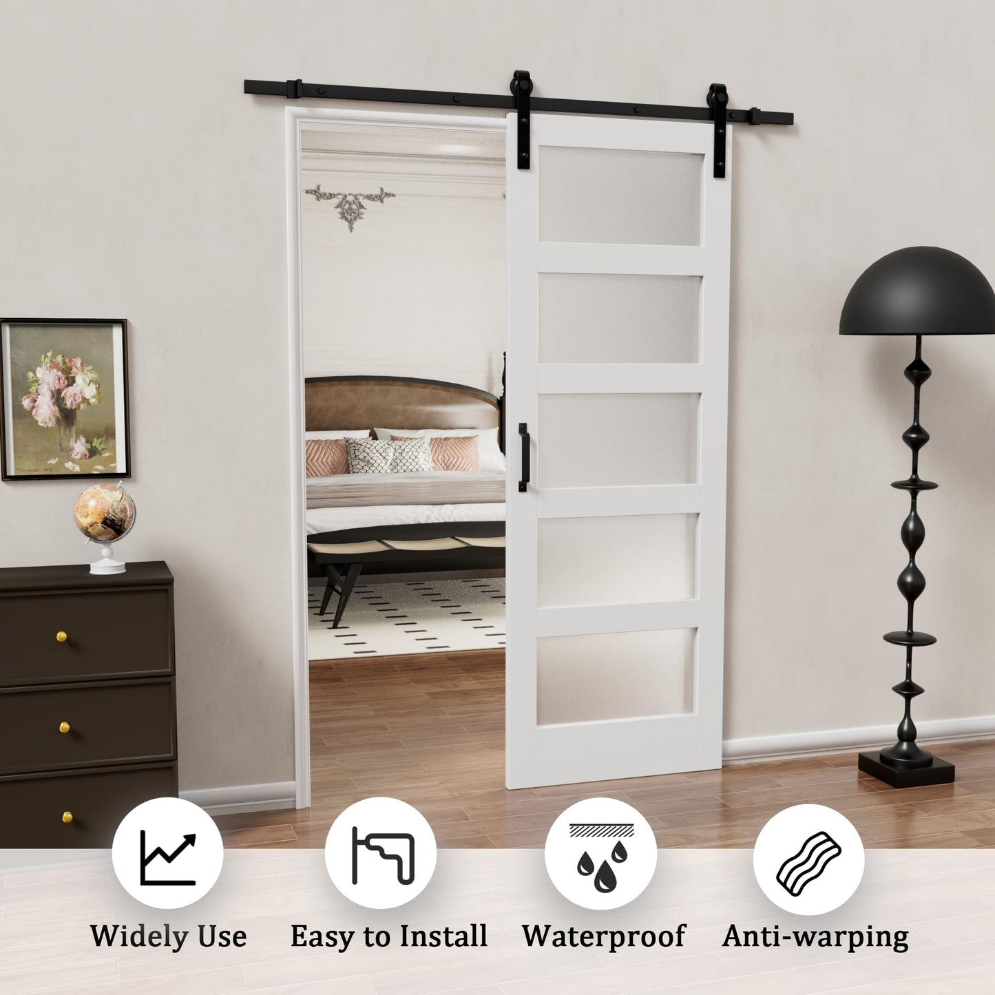Glass Barn Doors and Hardware Included, Pre-Drilled Easy Assembly, White Sliding Barn Door with Heavy Duty 1/6 Inch Tempered Frosted Glass for Interior