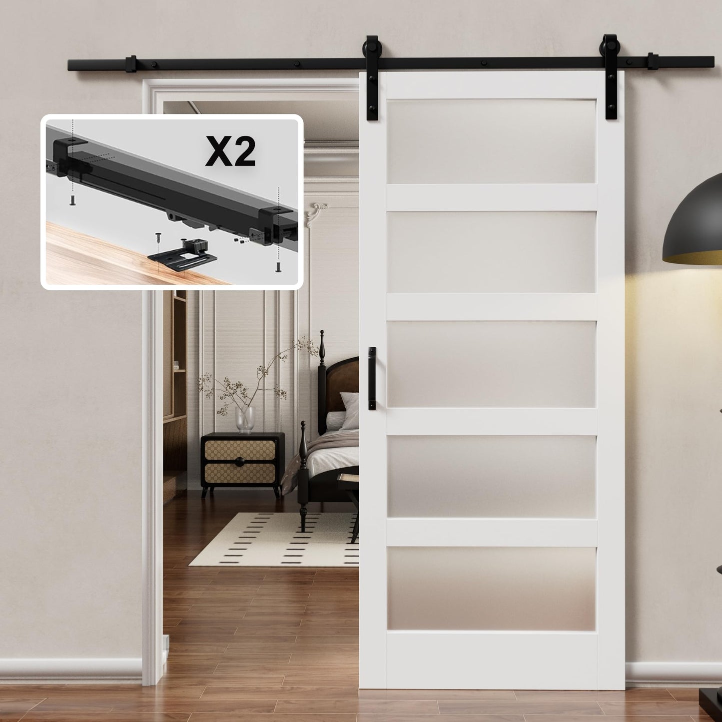 Glass Barn Doors and Hardware Included, Pre-Drilled Easy Assembly, White Sliding Barn Door with Heavy Duty 1/6 Inch Tempered Frosted Glass for Interior