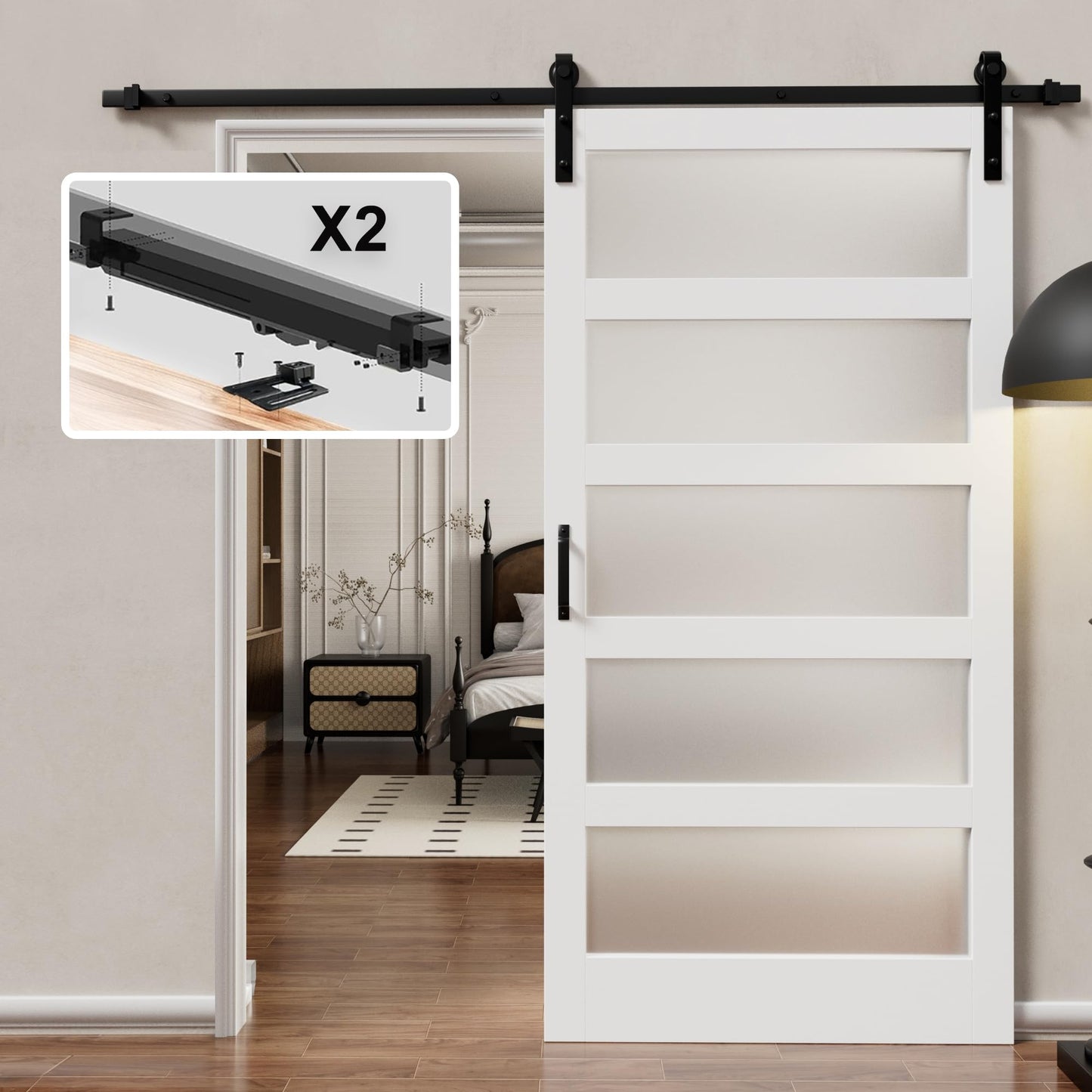 Glass Barn Doors and Hardware Included, Pre-Drilled Easy Assembly, White Sliding Barn Door with Heavy Duty 1/6 Inch Tempered Frosted Glass for Interior