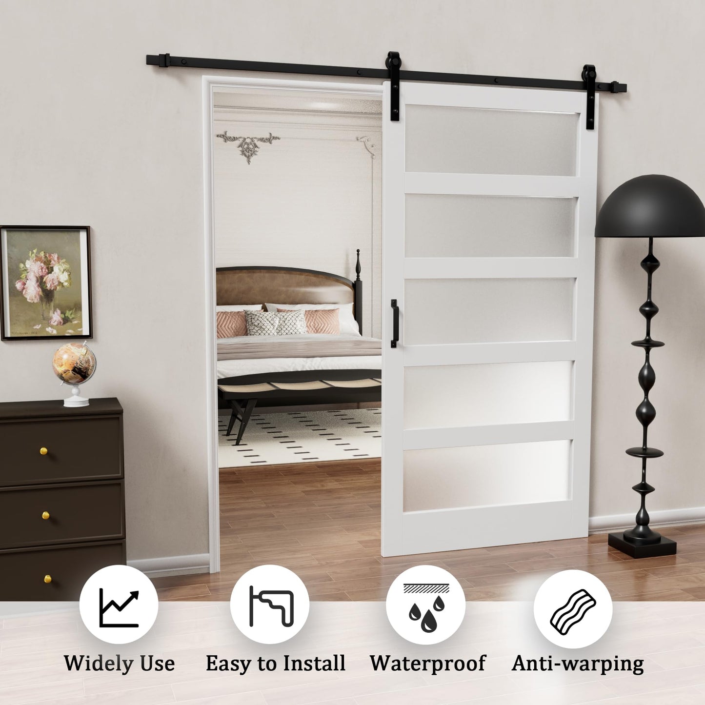 Glass Barn Doors and Hardware Included, Pre-Drilled Easy Assembly, White Sliding Barn Door with Heavy Duty 1/6 Inch Tempered Frosted Glass for Interior